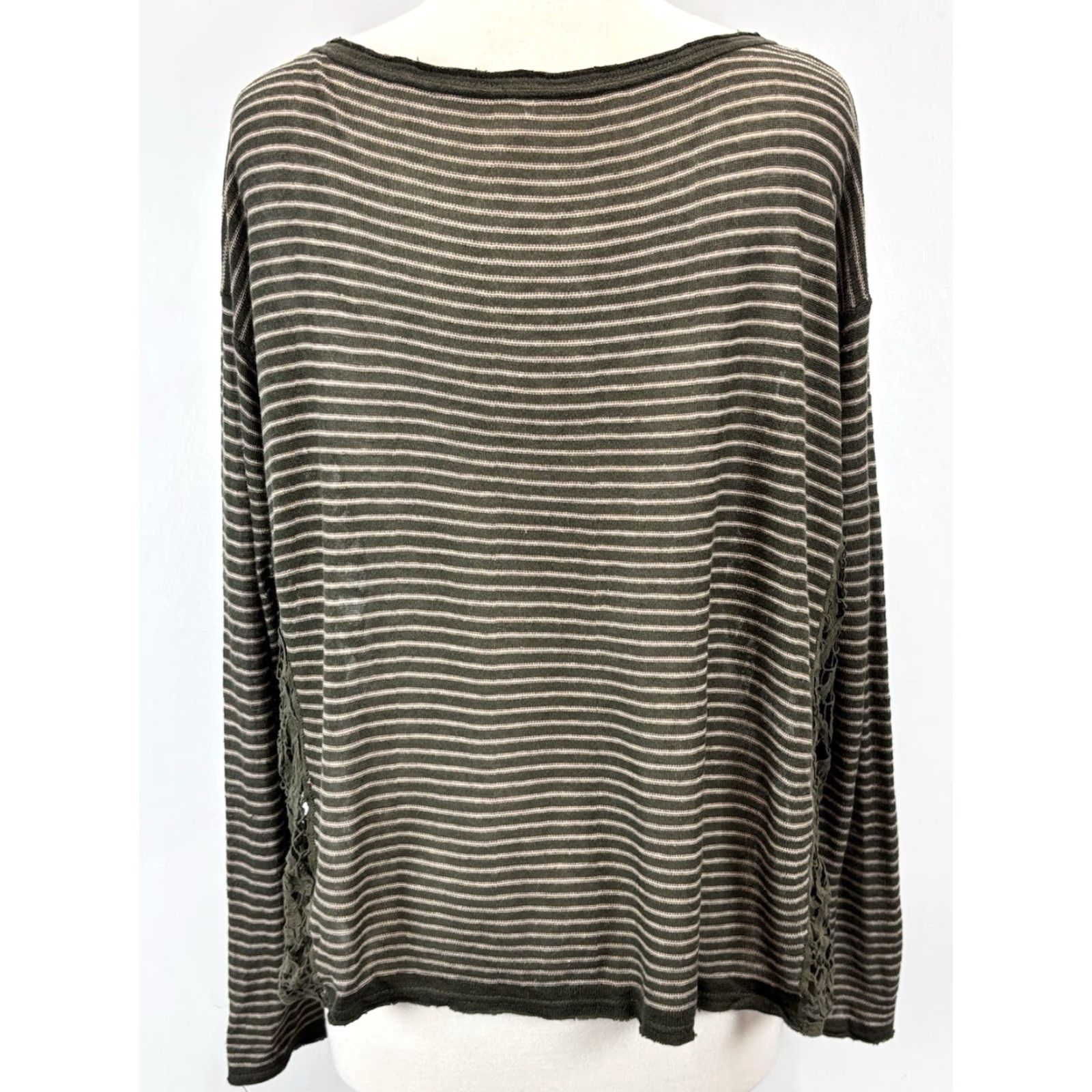 Free People Free People Blouse Women Size Small Olive Linen Stripe 3/4 Sleeve Round Neck Boxy Love Me Do Size S / US 4 / IT 40 - 3 Thumbnail