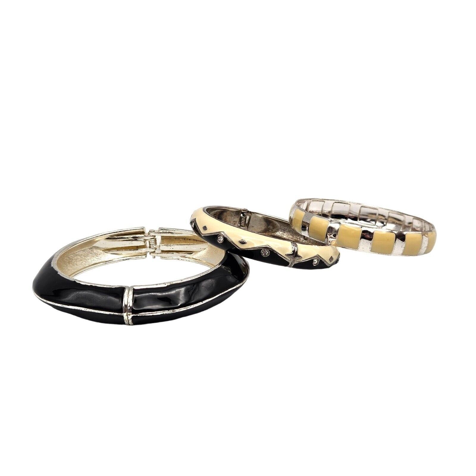 Other VTG EUC Enamel Art Deco Bracelet Trio Black Cream Silver Size ONE SIZE - 1 Thumbnail