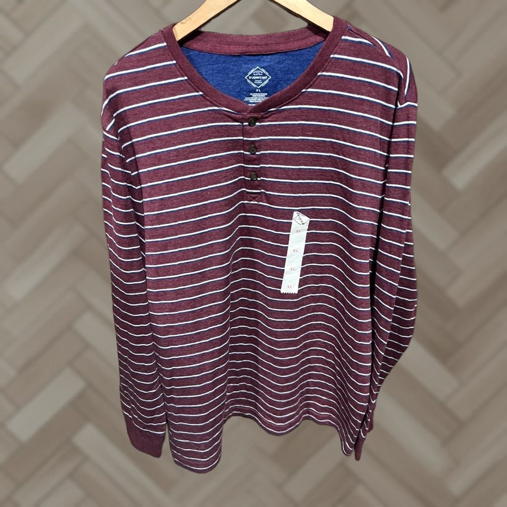 Vintage St. Johns Bay Mens Shirt Dbl Knit Long Sleeve Classic Henley Red Stripe XL NWT Size US XL / EU 56 / 4 - 1 Thumbnail