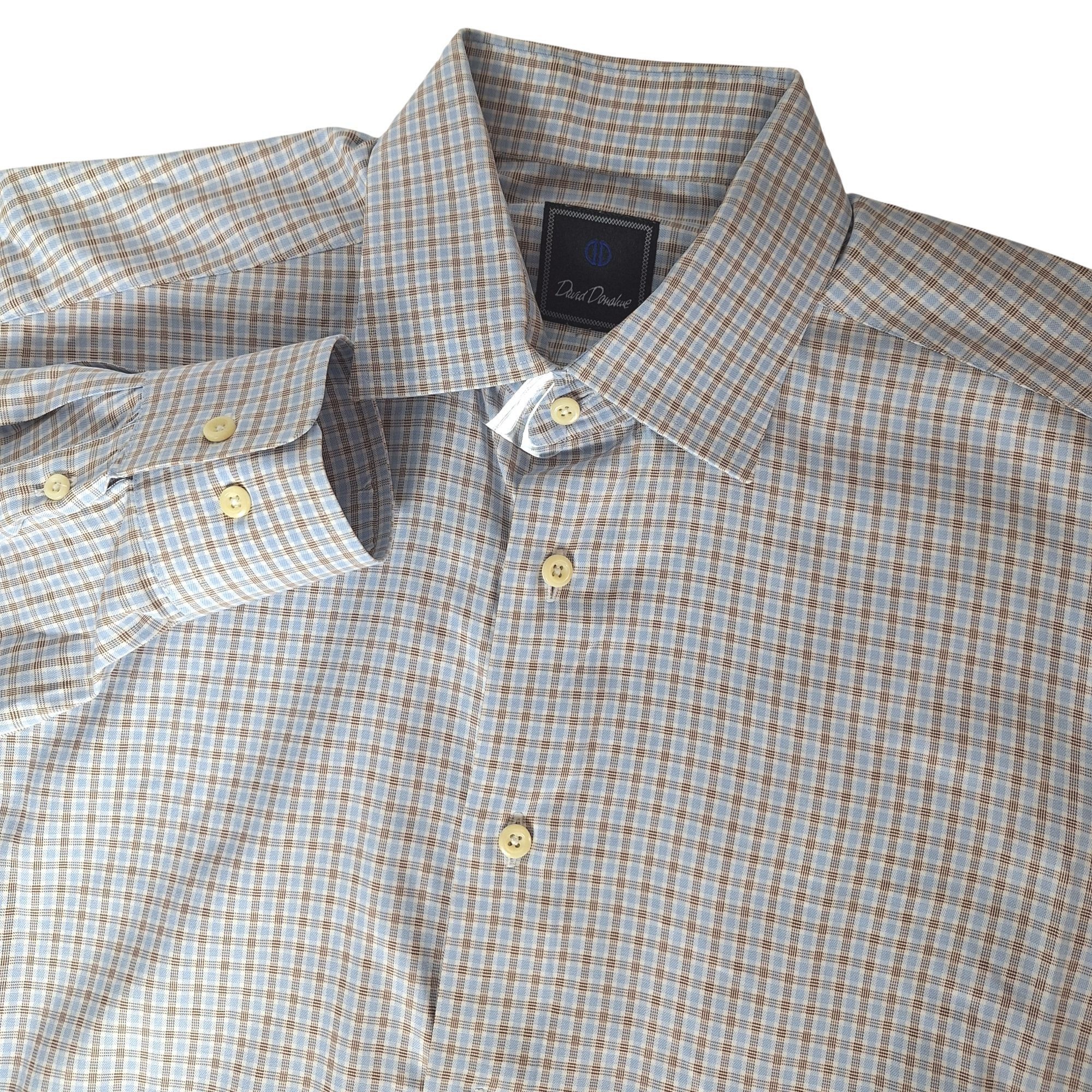 David Donahue Dress Shirt 16 34/35 Mens Blue Brown Plaid Cot