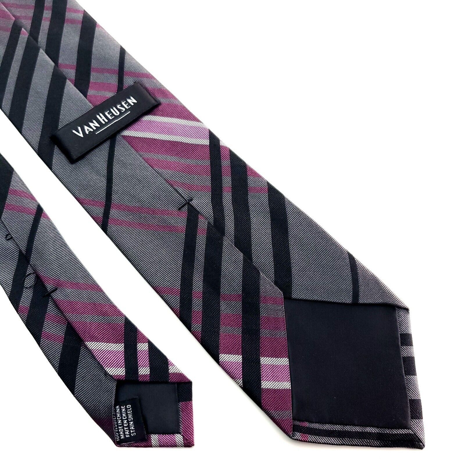 Van Heusen Van Heusen Silk Tie Woven Black Purple Gray Plaid Size ONE SIZE - 5 Thumbnail
