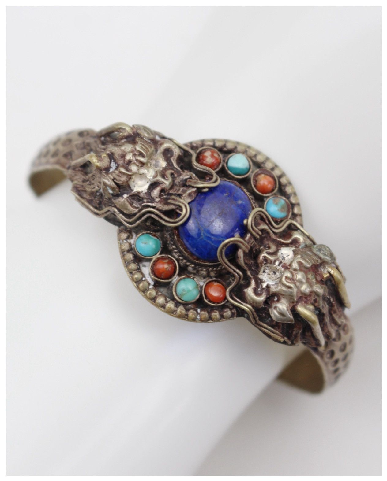 Vintage 1990S TIBETAN DRAGON CUFF BRACELET LAPIS LAZULI & TURQUOISE Size ONE SIZE - 2 Thumbnail