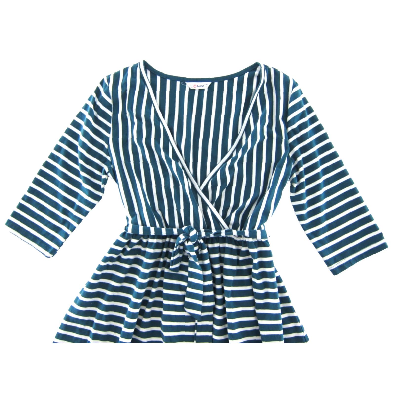 Vintage PatPat Green White Stripe Jersey Stretch V-Neck 3/4 Sleeve Midi Dress Large Size L / US 10 / IT 46 - 4 Thumbnail