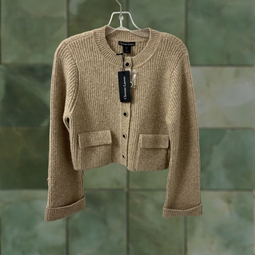Christian Lacroix Christian Lacroix Cardigan Sweater Womens Small Tan Wool Ribbed Knit Cropped NWT Size S / US 4 / IT 40 - 1 Thumbnail