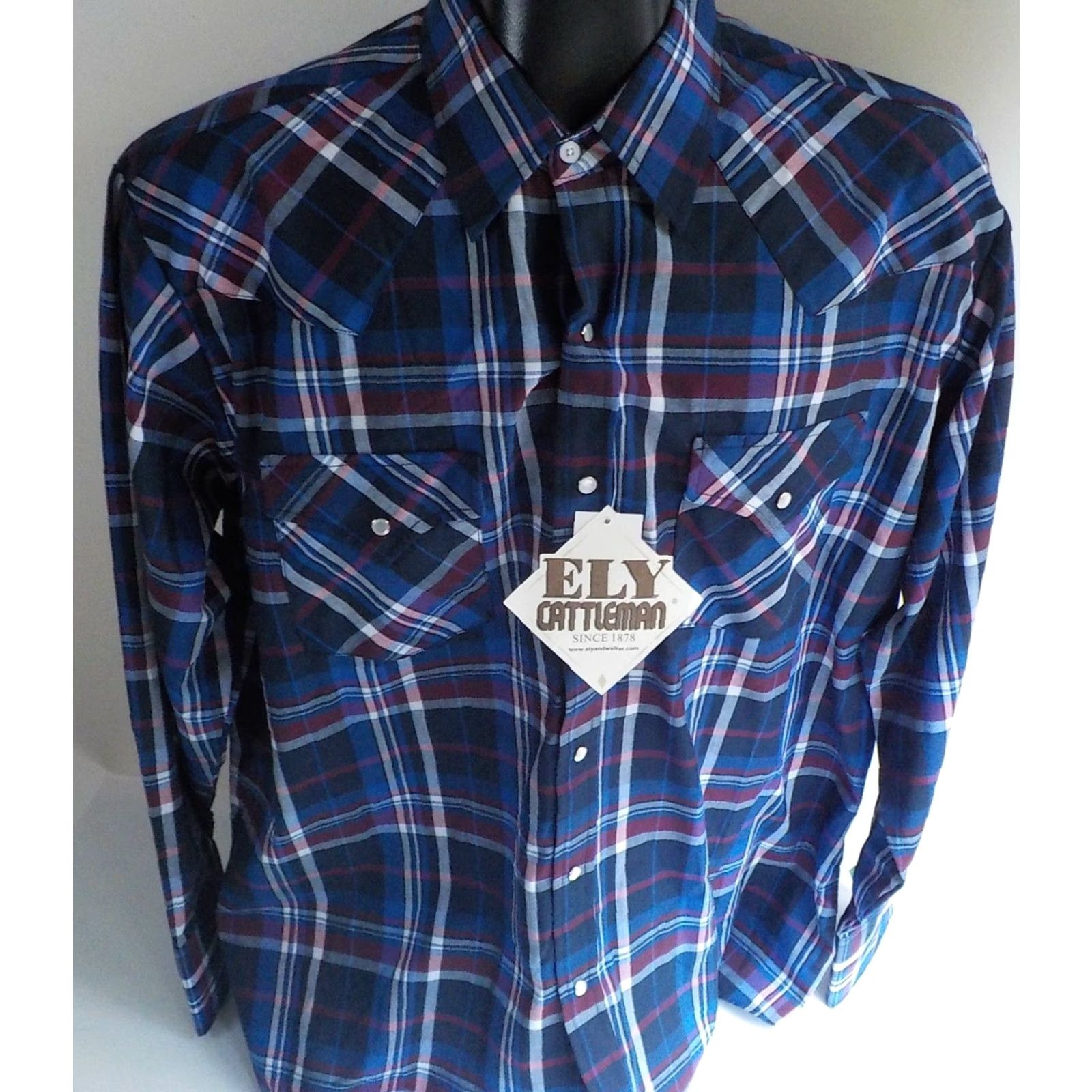 Vintage ELY Cattleman Pearl Snap Western Shirt Mens XL Poly/Cotton NWT Red White Blue Black Plaid Button-Up Size US XL / EU 56 / 4 - 2 Thumbnail