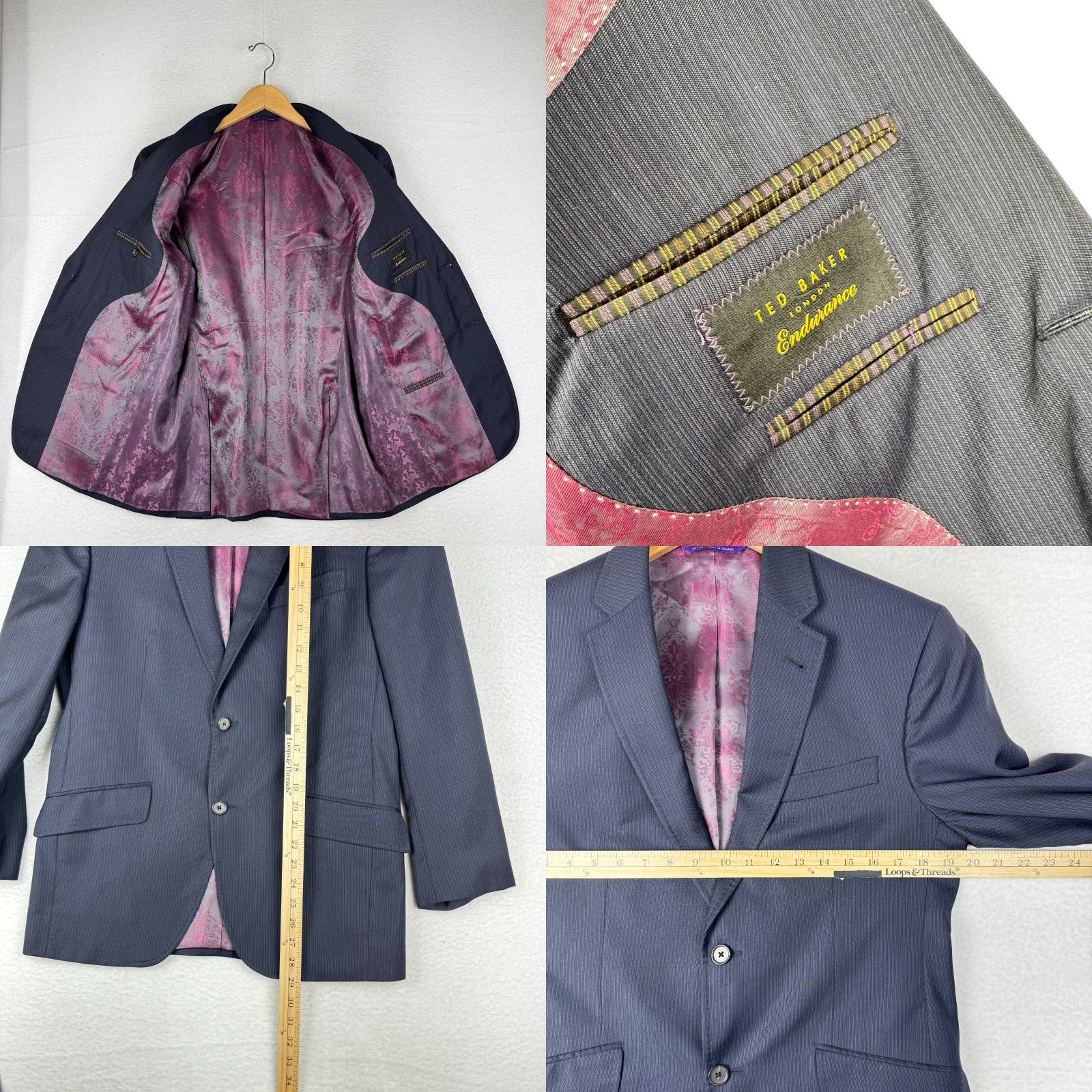 Ted Baker Ted Baker Blazer / Jacket Dark Blue Striped 2 Piece Endurance ~40R Regular Fit Notch Lapel Double-Vented Four-Button Six-piece? Size 40R - 8 Thumbnail