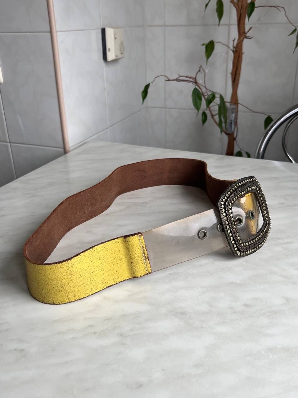 Designer × Roberto Cavalli Roberto Cavalli Crystal Buckle Italian Yellow Leather Belt Size 34 - 13 Thumbnail