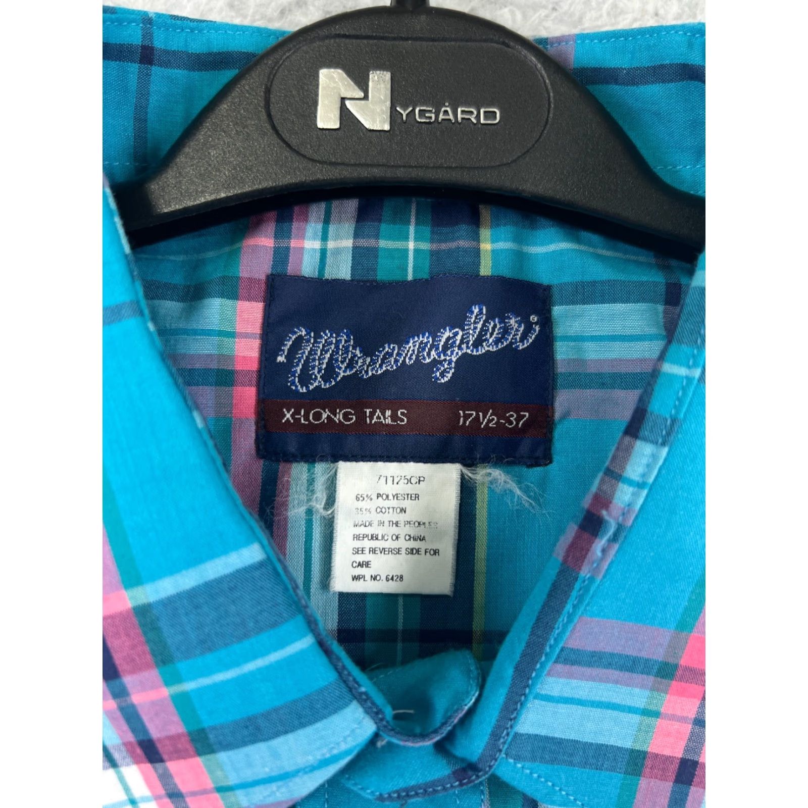 Wrangler Wrangler Shirt Mens Blue Plaid 17.5 Polyester Western Pearl Snap X-Long Tails Button-Up Size US XXL / EU 58 / 5 - 3 Thumbnail