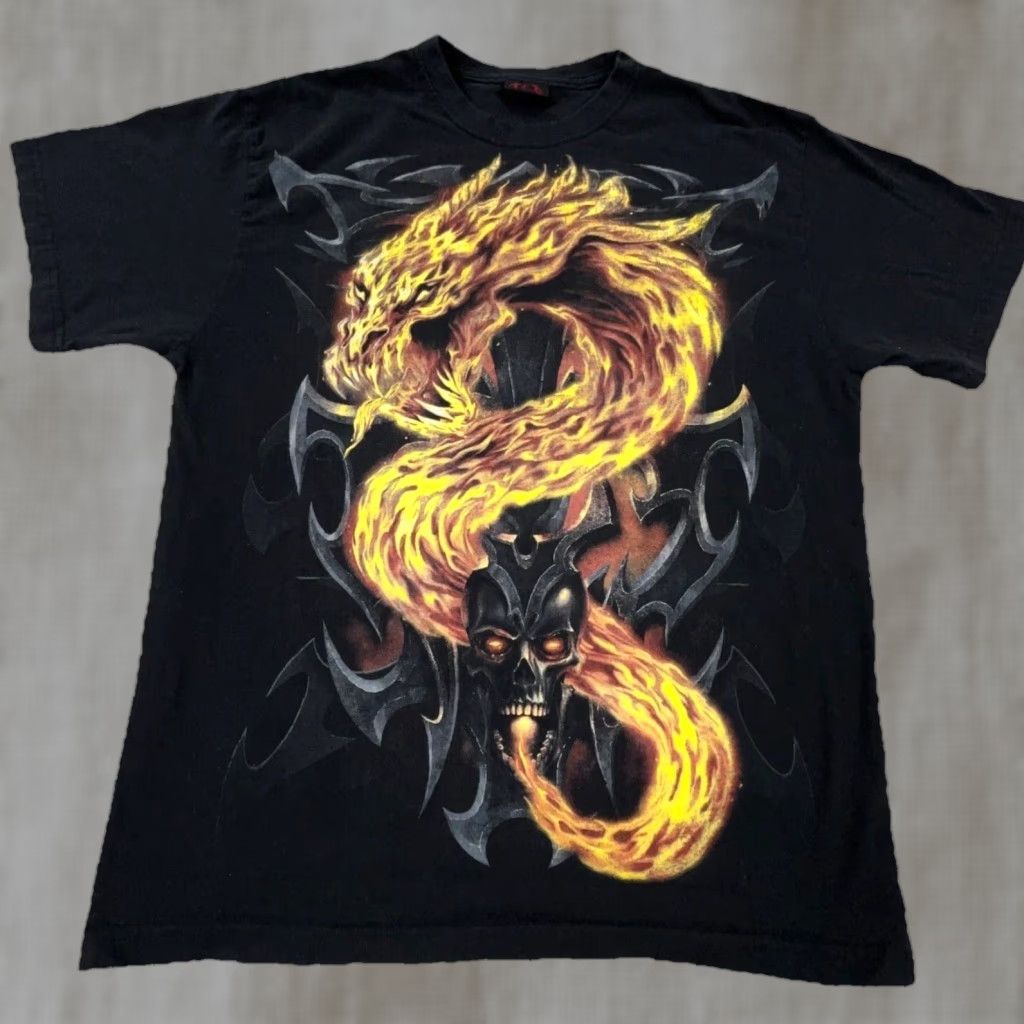 Vintage VINTAGE Spiral T-Shirt Men L Black Skull Fire Flames Dragon Tattoo Shirt Size US L / EU 52-54 / 3 - 1 Thumbnail
