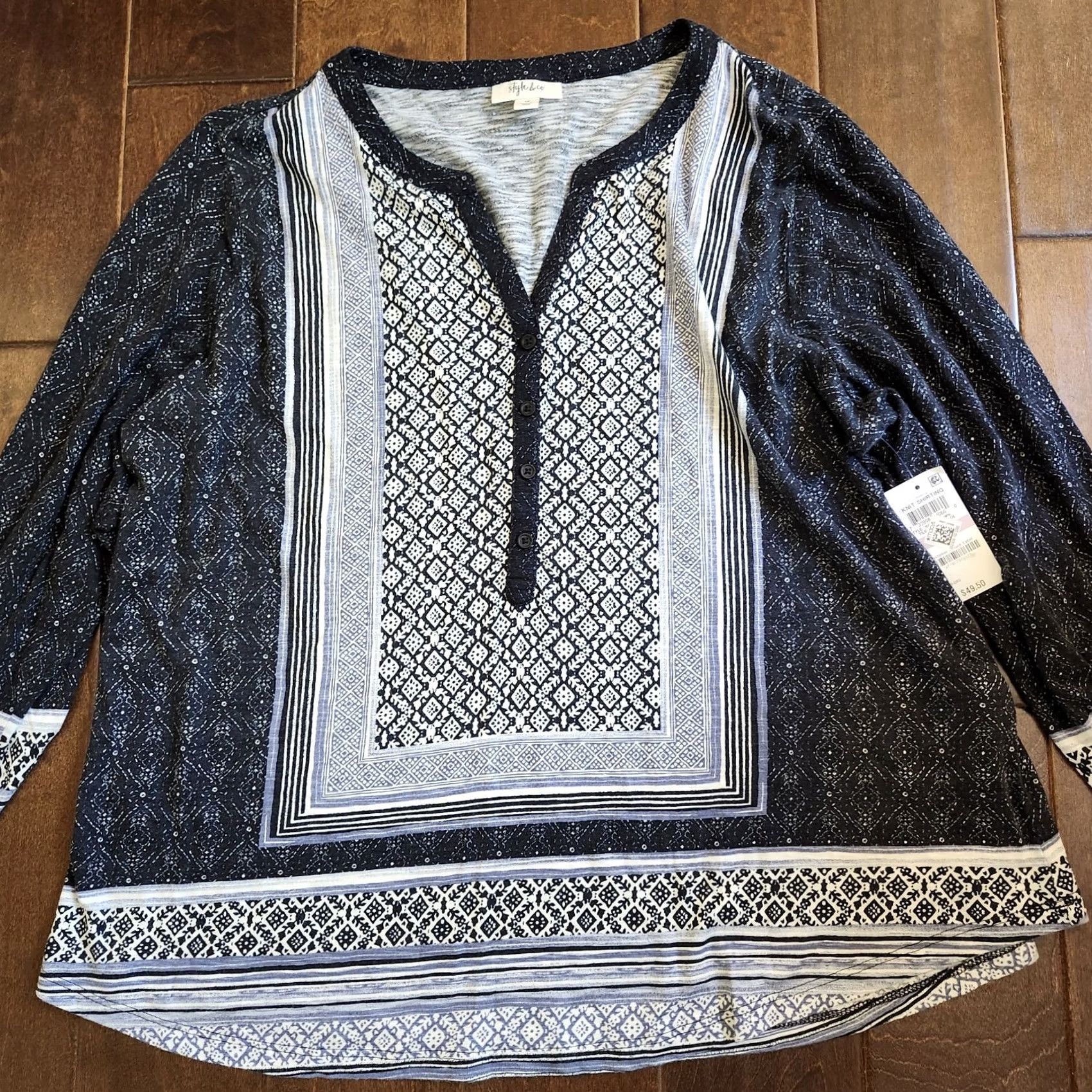 Style & Co Style & Co Women's Mixed-Print Split-Neck Tab-Sleeve Top Black 1X NWT Regular Beaded Cotton & Modal Casual Shirt Women Size XL / US 12-14 / IT 48-50 - 4 Thumbnail