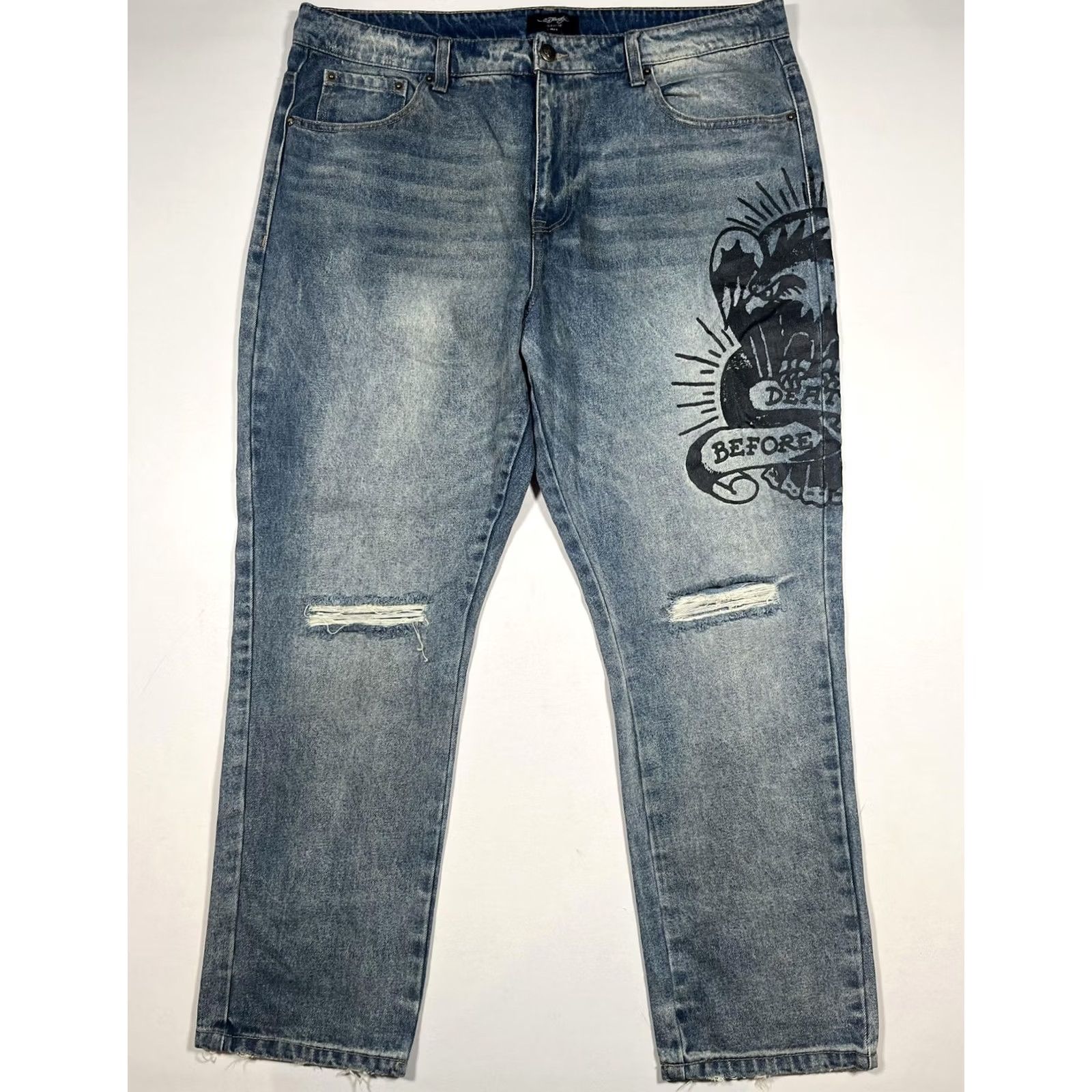 Ed Hardy Ed Hardy Jeans Mens 40 Blue Denim Straight Leg Tattoo Distressed MEHD8301-1 Jeans Size US 40 / EU 56 - 2 Thumbnail