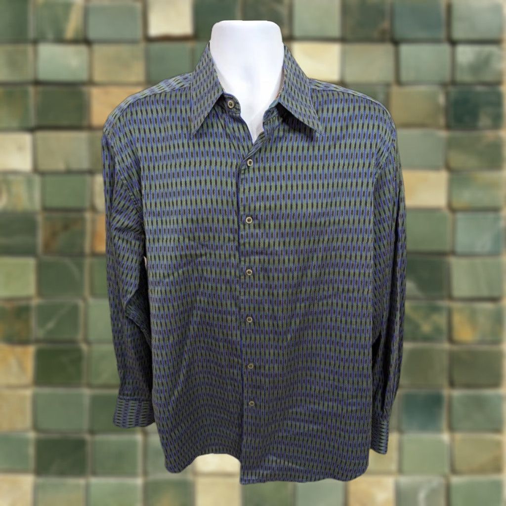 Robert Graham Robert Graham Shirt Large Purple Green Stripe Flip Cuff Dress Long Sleeve T2F Mens L Colorful Button-Up Shirt Size 42R - 1 Thumbnail