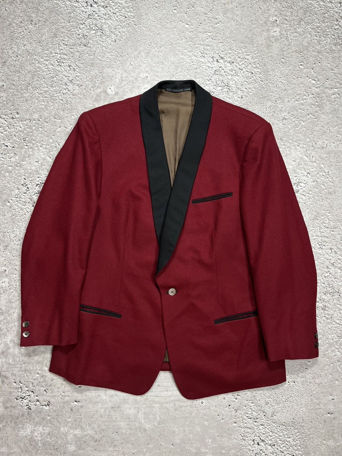 Japanese Brand Vintage Wool Tuxedo Blazer Burgundy Black Shawl Collar Size 42R - 1 Thumbnail