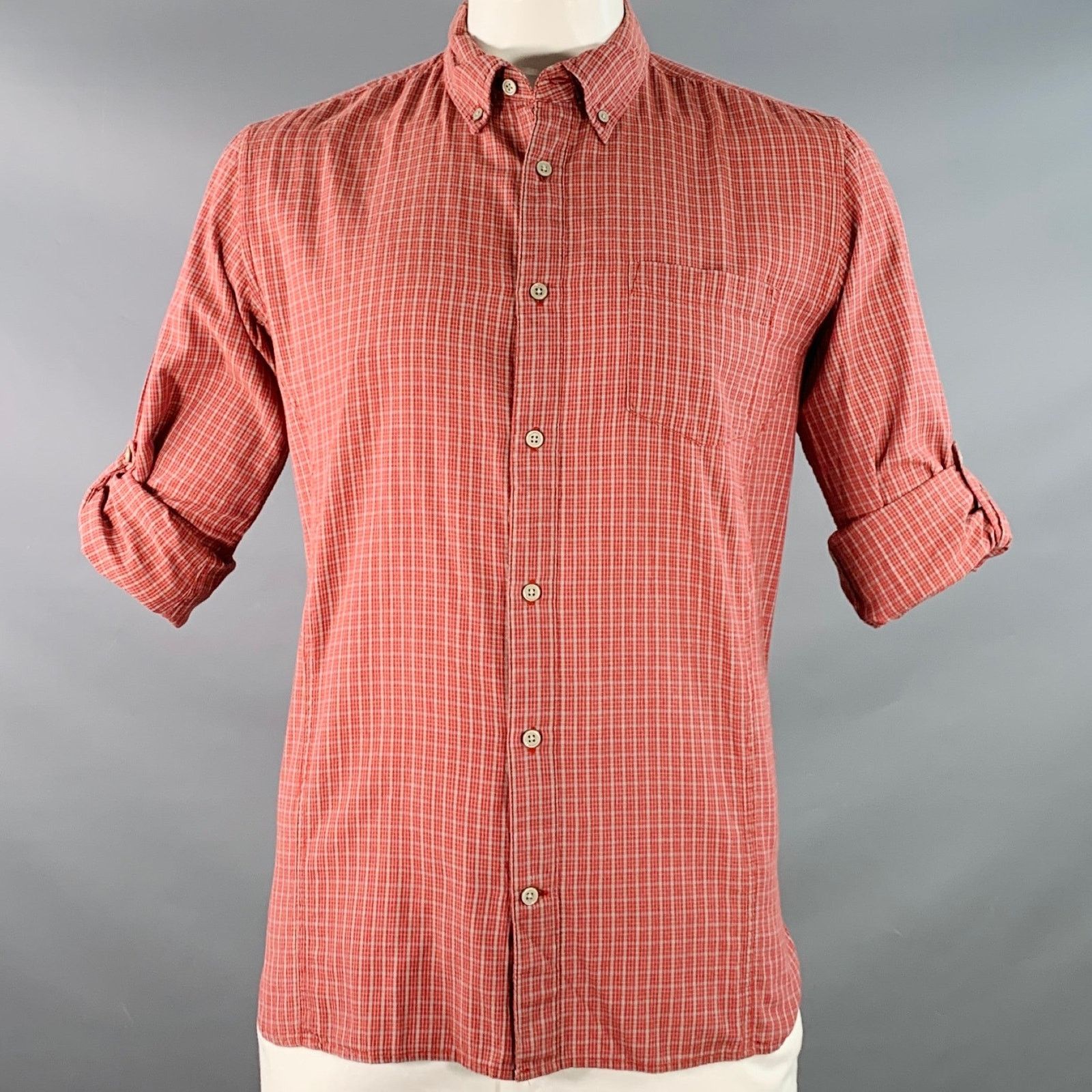 John Varvatos Size L Red Grey Checkered Cotton Long Sleeve Shirt Size US L / EU 52-54 / 3 - 6 Thumbnail
