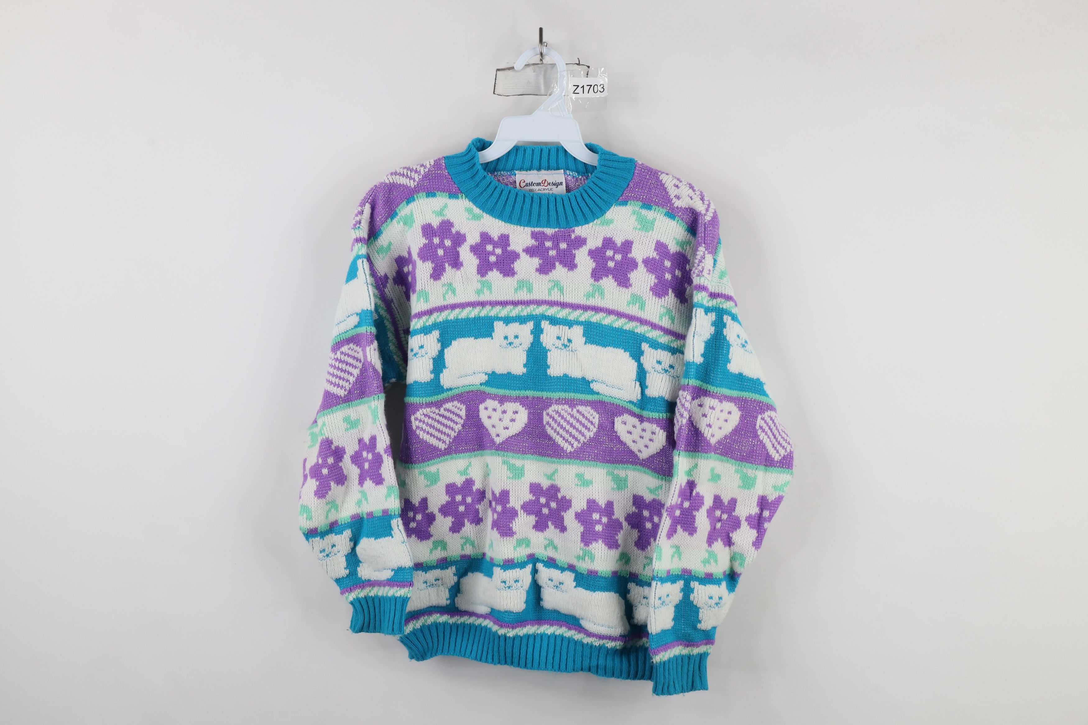 Vintage Vintage 80s 90s Kawaii Heart Cat Flower Knit Sweater USA Size XS / US 0-2 / IT 36-38 - 1 Thumbnail