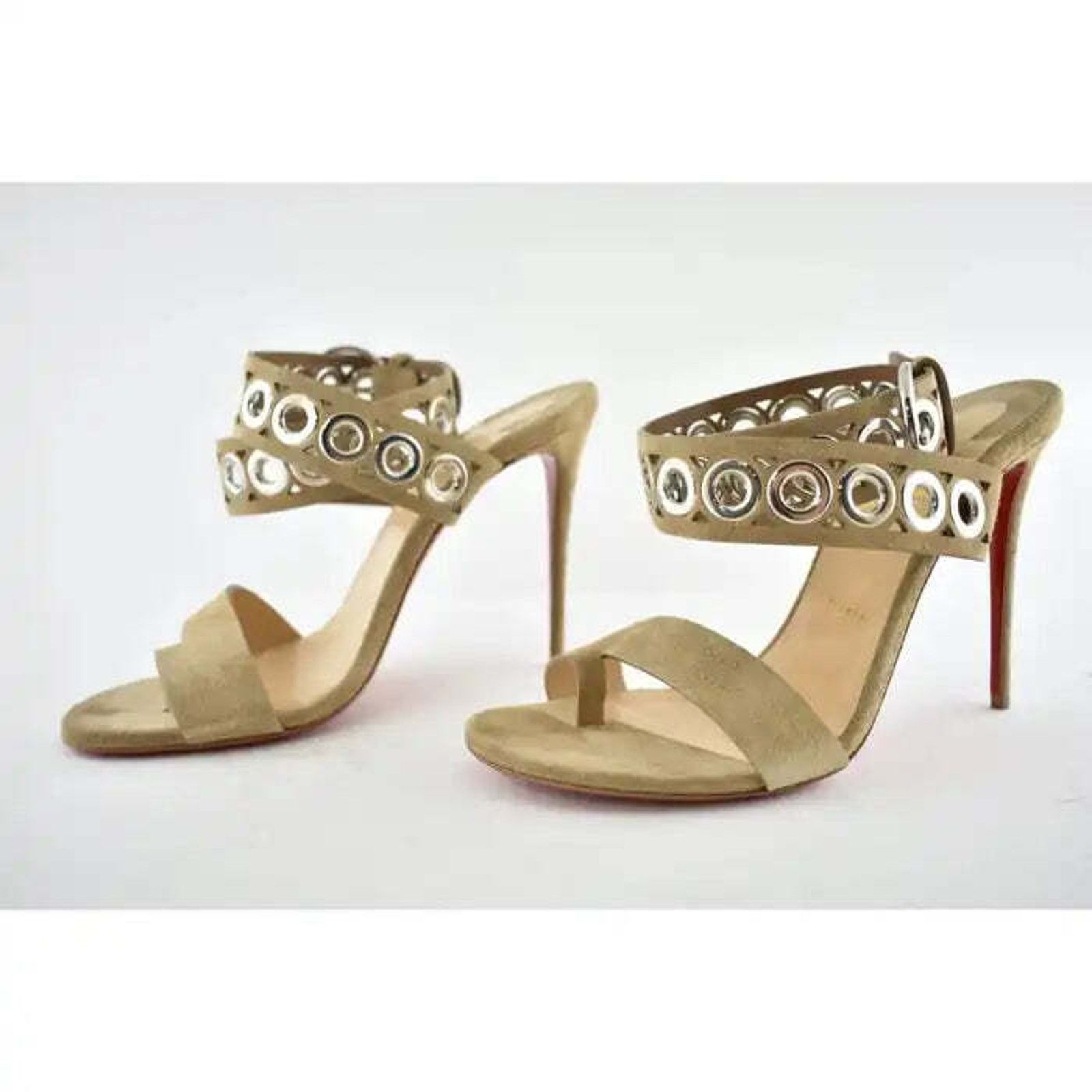 Christian Louboutin Sandaclou 100 Lionne Beige Suede Strap Sandal Heel Pump 40 Size US 10 / IT 40 - 9 Thumbnail