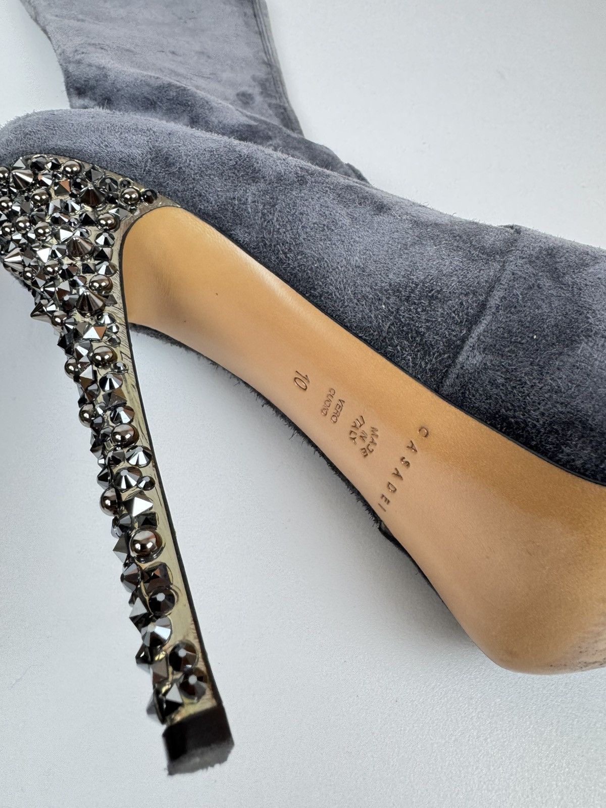 Casadei × Casedei CASADEI Suede Over The Knee Boots Stiletto Crystal Heels Size US 10 / IT 40 - 6 Thumbnail