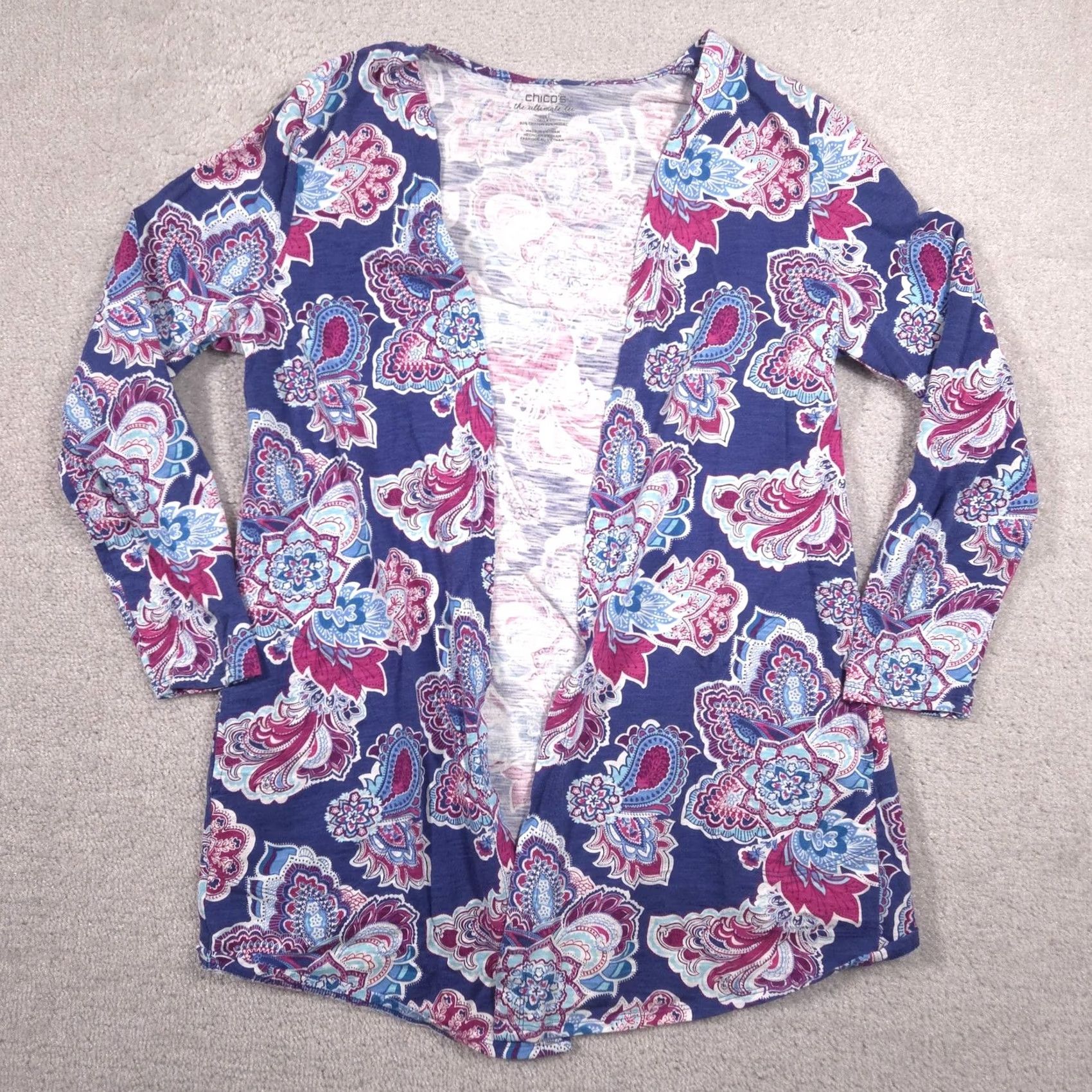 Vintage Chico's Shirt Womens 1 Blue Paisley Open Front Long Sleeve Tunic Top Stretch Shirt Mens? Size XS / US 0-2 / IT 36-38 - 2 Thumbnail