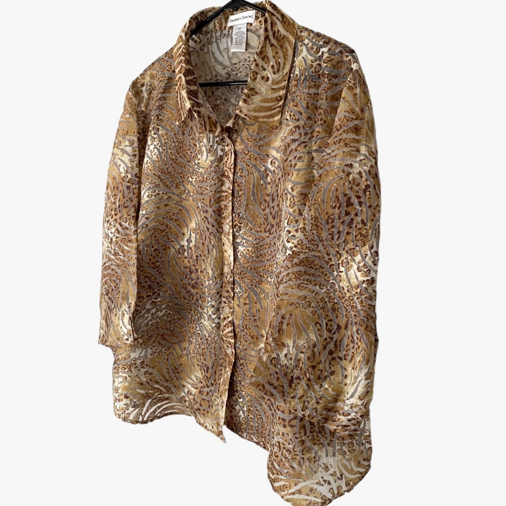 Vintage Draper's & Damons Sheer Animal Print Button-Up Blouse Brown Womens 2X Plus Size 2X Button-Up Shirt Size XXL / US 16-18 / IT 52-54 - 2 Thumbnail