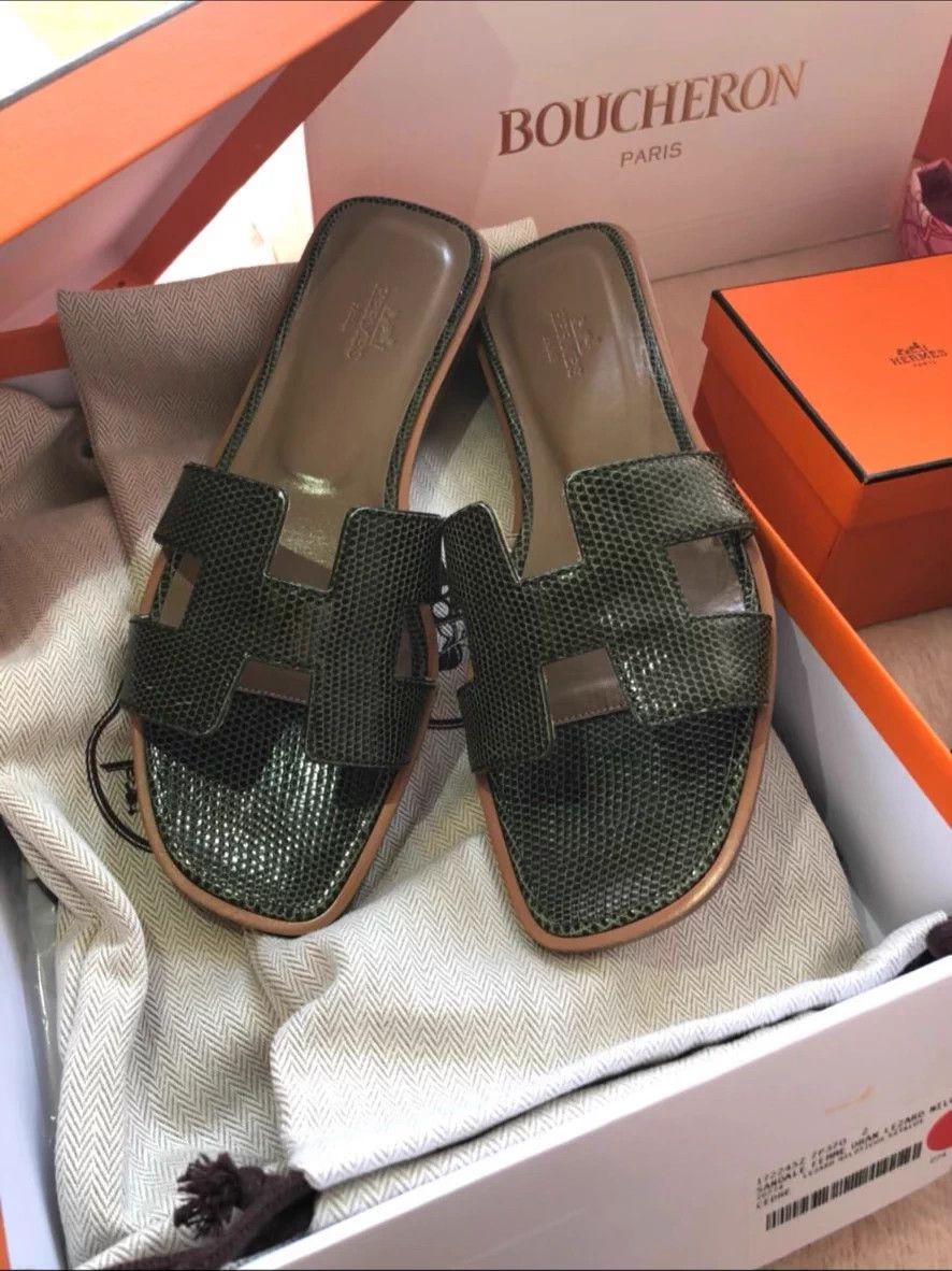 Hermes Hermes Oran H Green Lizard Slippers Size US 7 / IT 37 - 1 Thumbnail