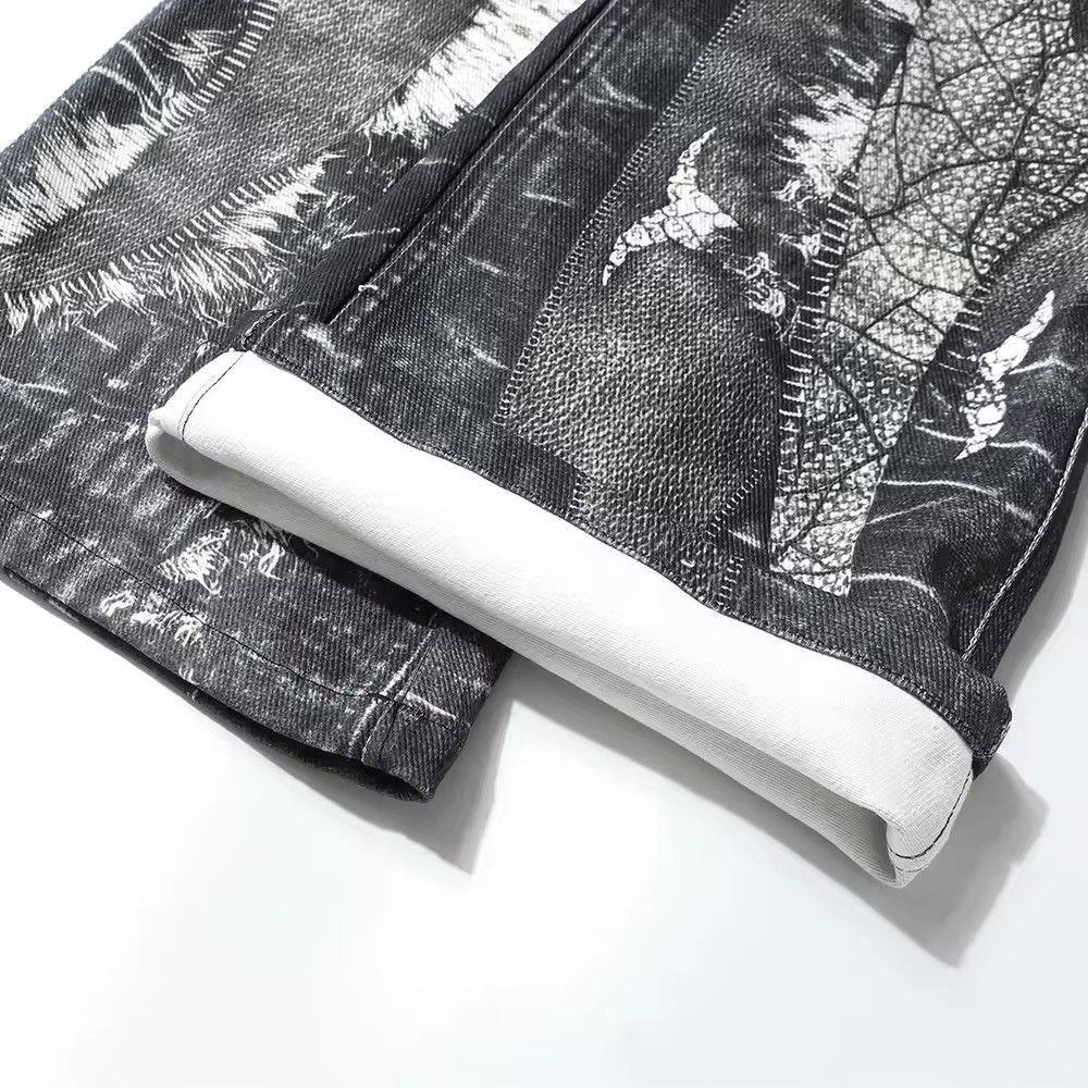 Jean Design Patchwork Printed Gothic Punk Loose Jeans Size US 35 - 11 Thumbnail