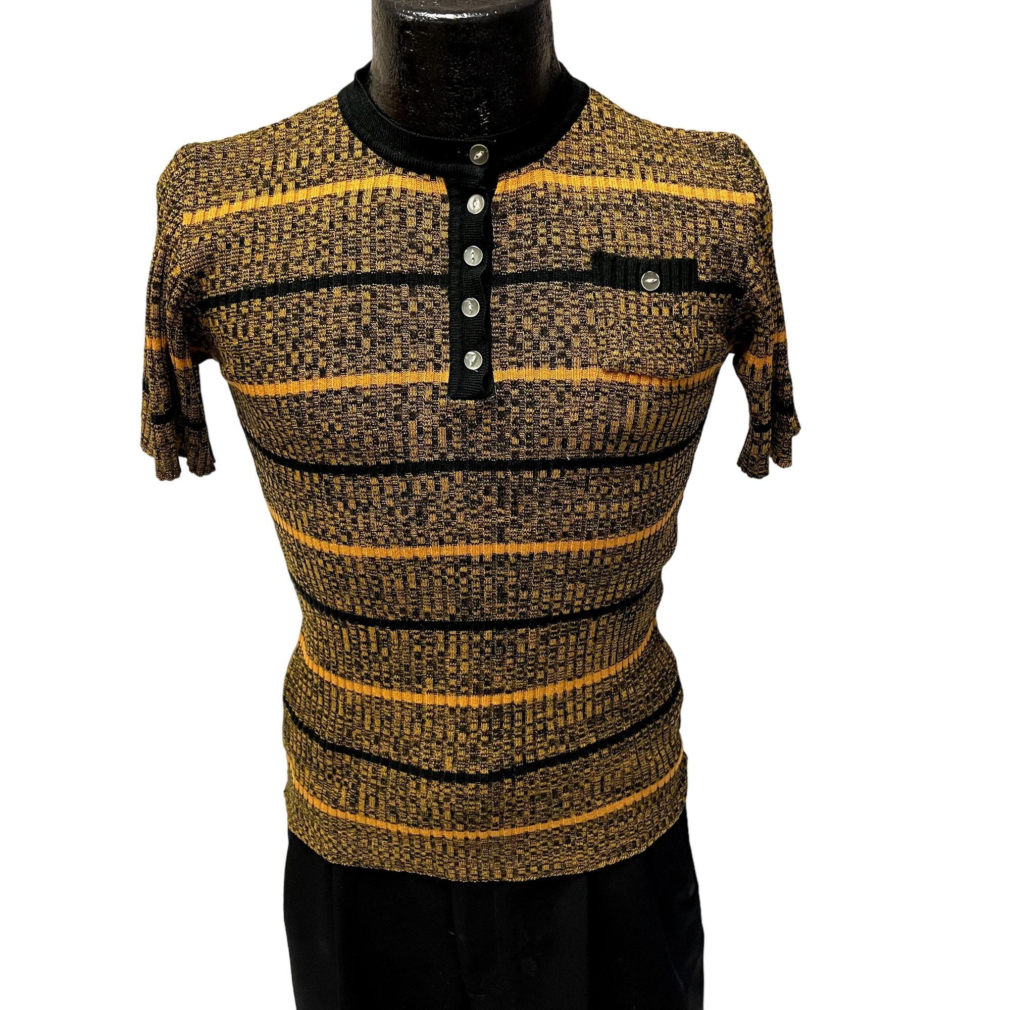 image of Unkwn 60’S Black Yellow Stripe Knit Men's Rockabilly Stretchy Polo (Size Small)