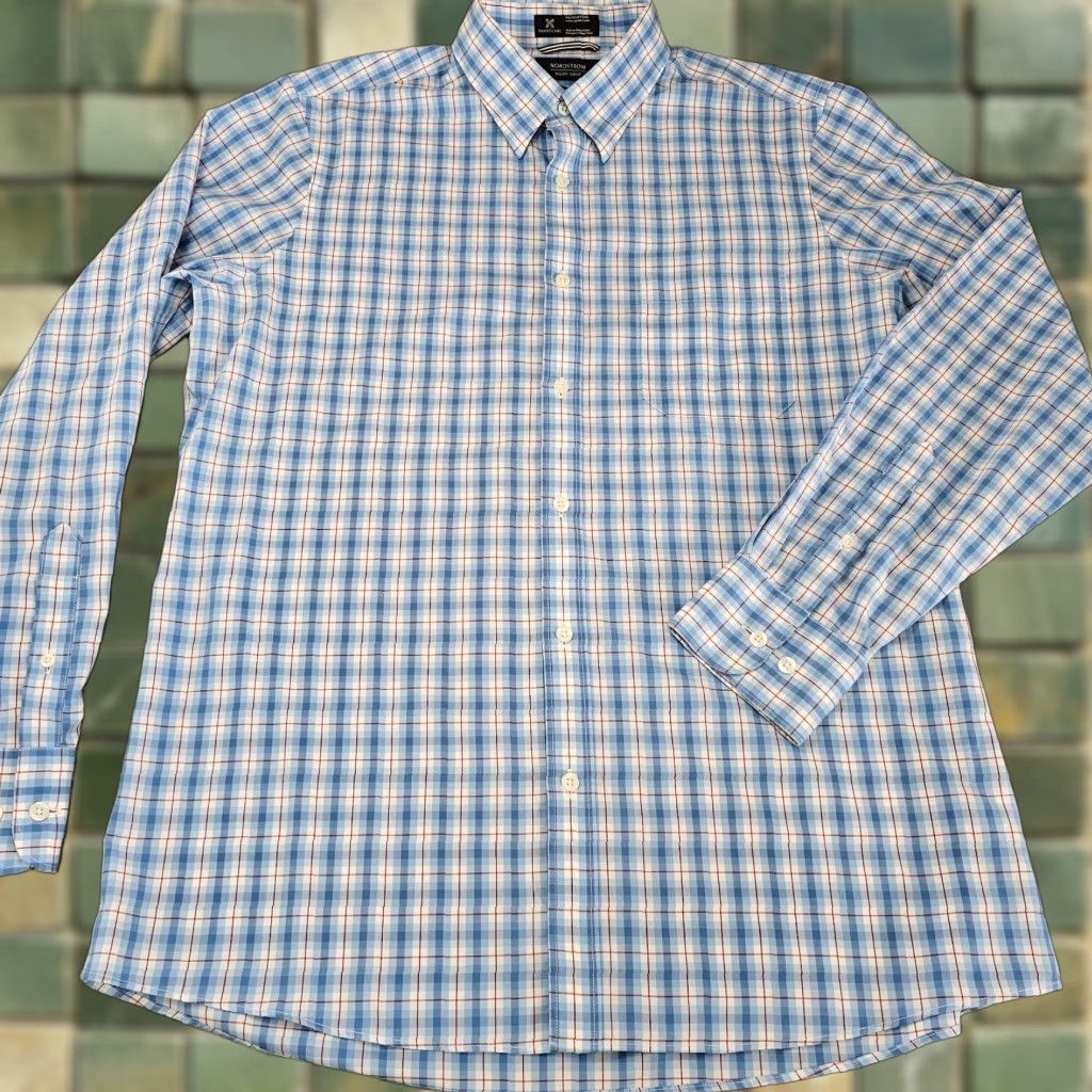 Nordstrom Nordstrom Dress Shirt Mens Large Blue Check Regular Fit Long Sleeve Woven Collared Button Cuff Pockets Size 42R - 1 Thumbnail
