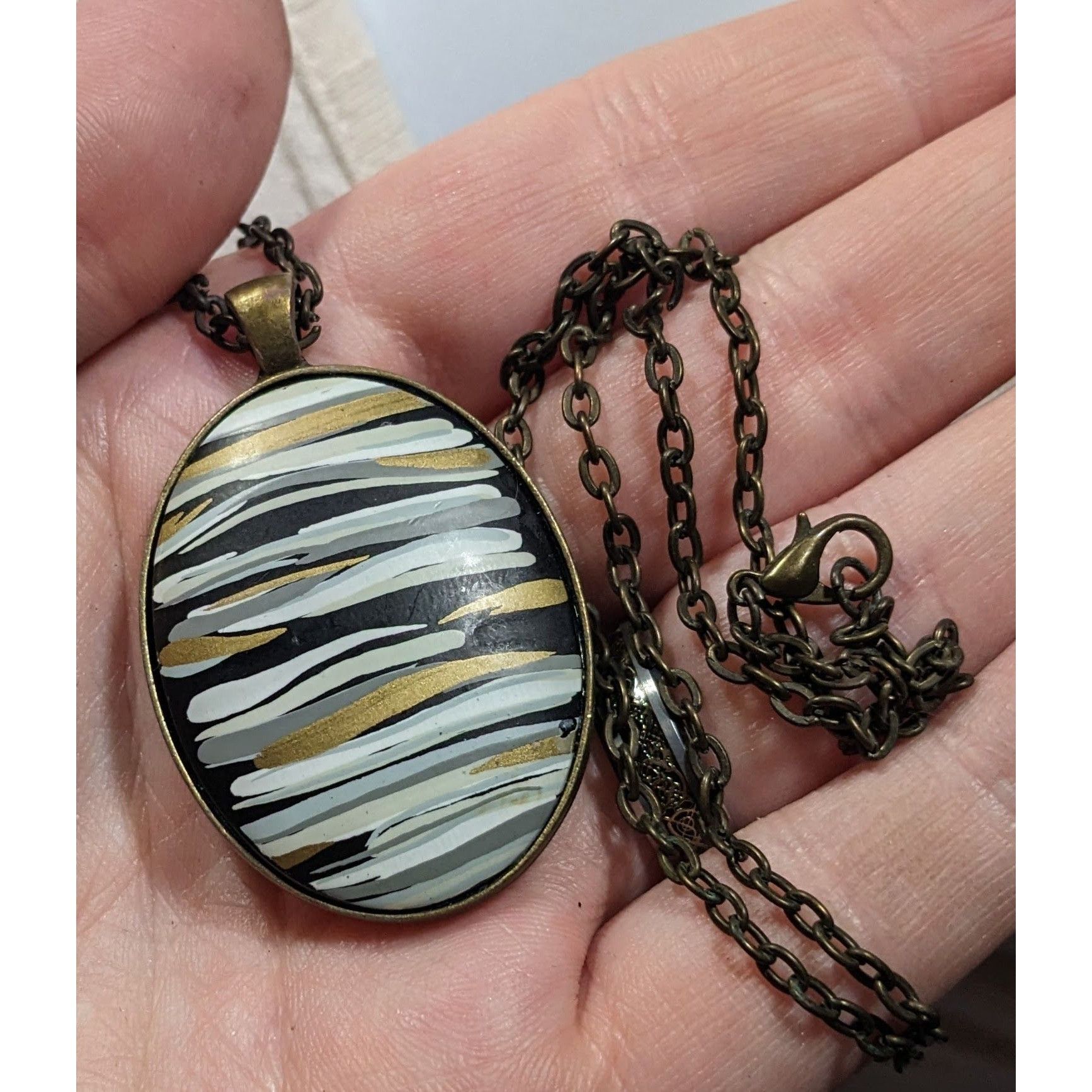Other Hand Painted Striped Black White And Gold Tone Pendant Neckl Size ONE SIZE - 6 Thumbnail