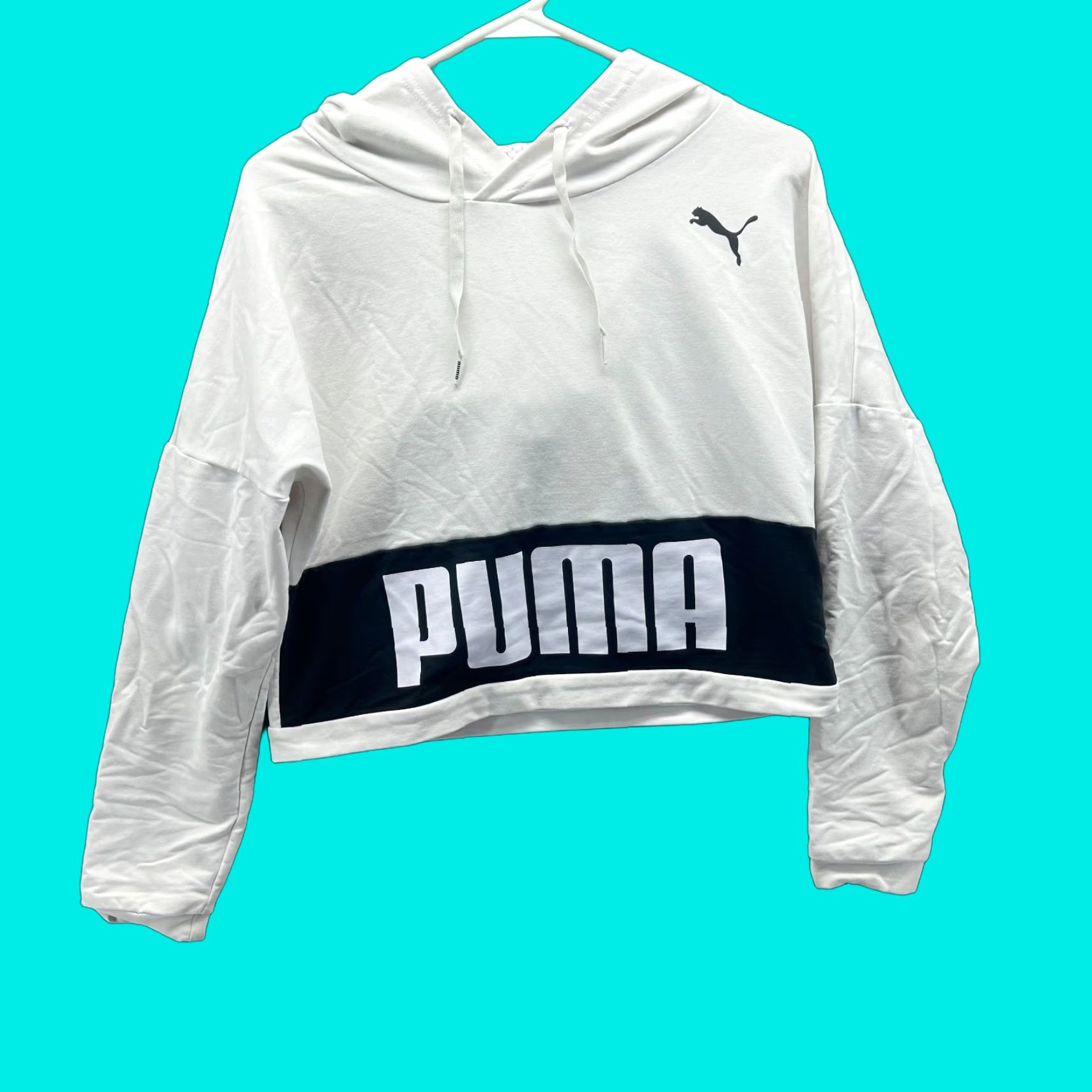 Puma PUMA Hoodie Womens XS White Black Cropped Pullover Logo Long Sleeve Crew Neck Jacket Size XS / US 0-2 / IT 36-38 - 1 Thumbnail