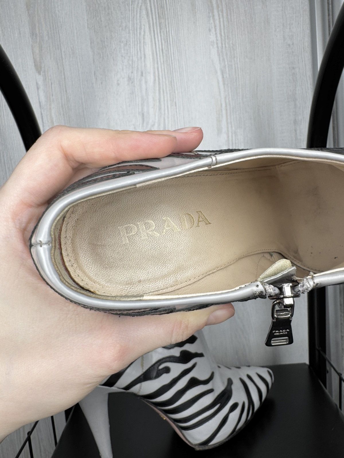 Prada Prada Grey Black Leather Tiger Stripe Ankle Boots size 36.5 Size US 6.5 / IT 36.5 - 18 Thumbnail