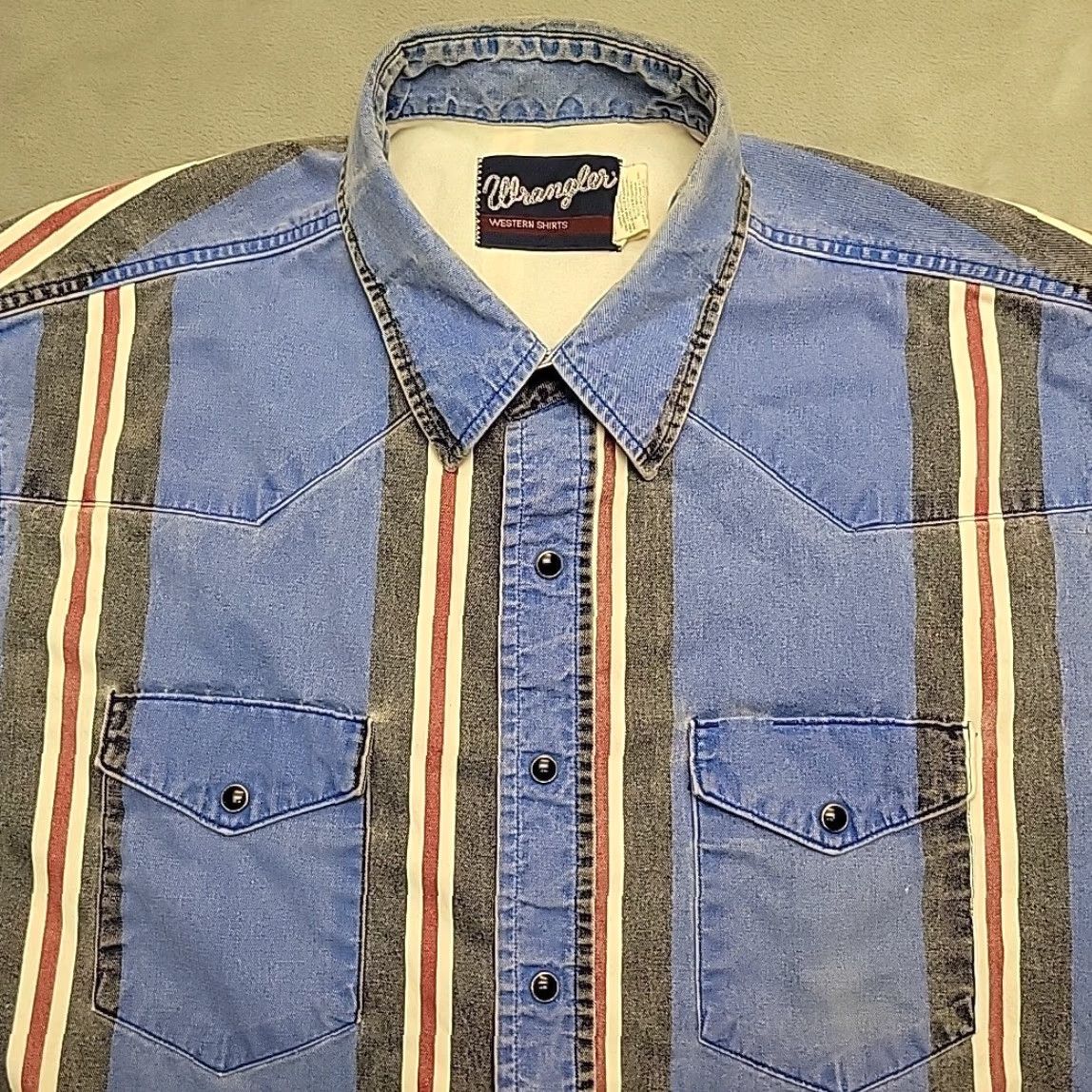 Wrangler VINTAGE Wrangler Brush Popper Shirt Men XL Blue Striped Pearl Snap Western King? Size US XL / EU 56 / 4 - 3 Thumbnail