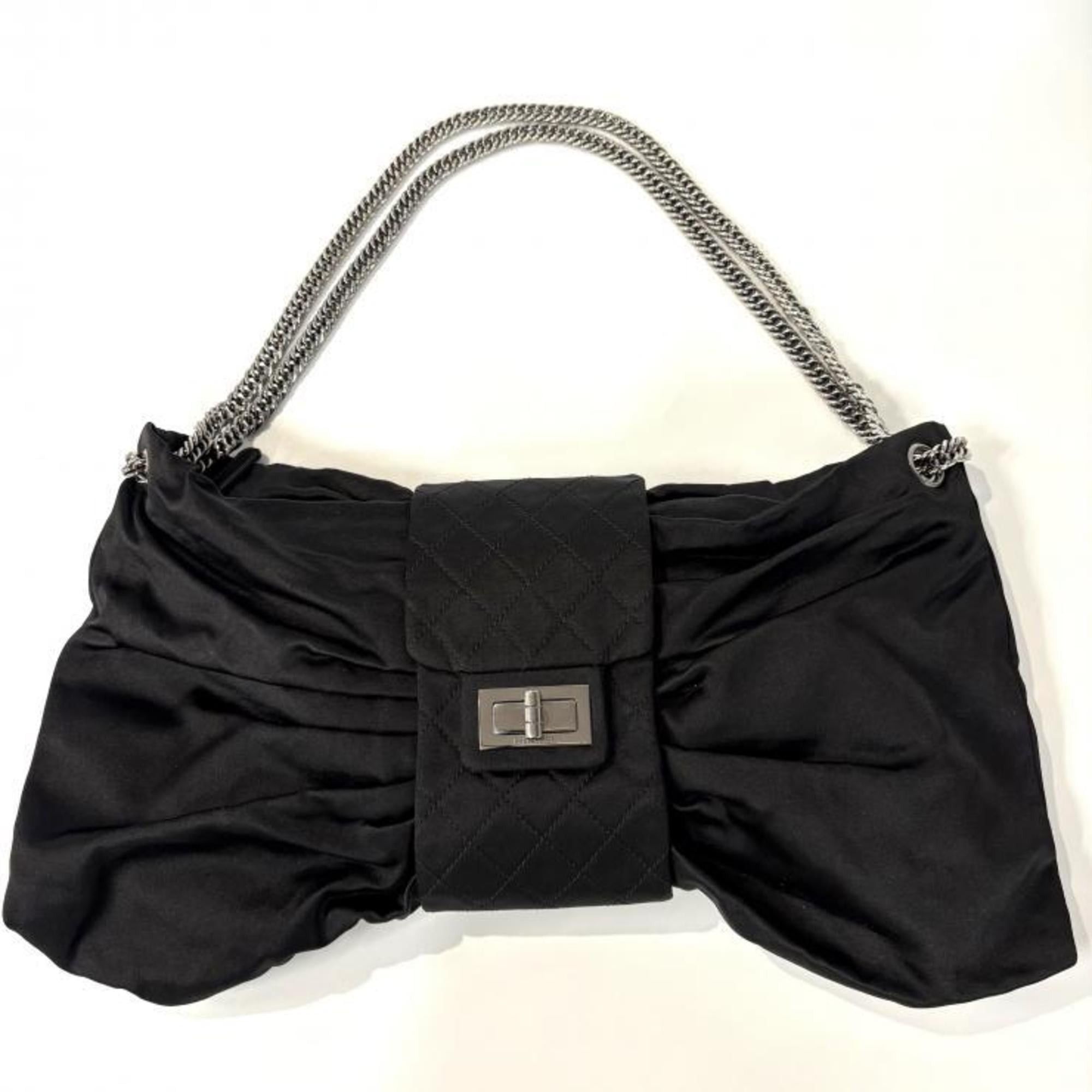 Chanel CHANEL 2.55 Chain Ribbon Shoulder Bag in Black Satin with Silver Hardware. Size ONE SIZE - 1 Thumbnail