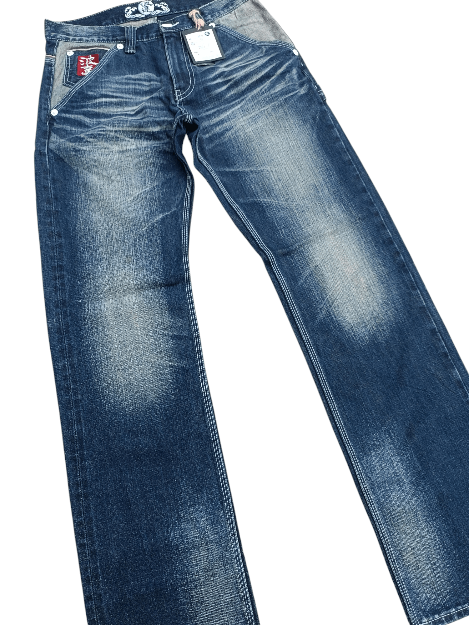 Japanese Brand NAMISATSU Faded Whiskers Embroidery Selvedge Jeans Size US 31 - 13 Thumbnail