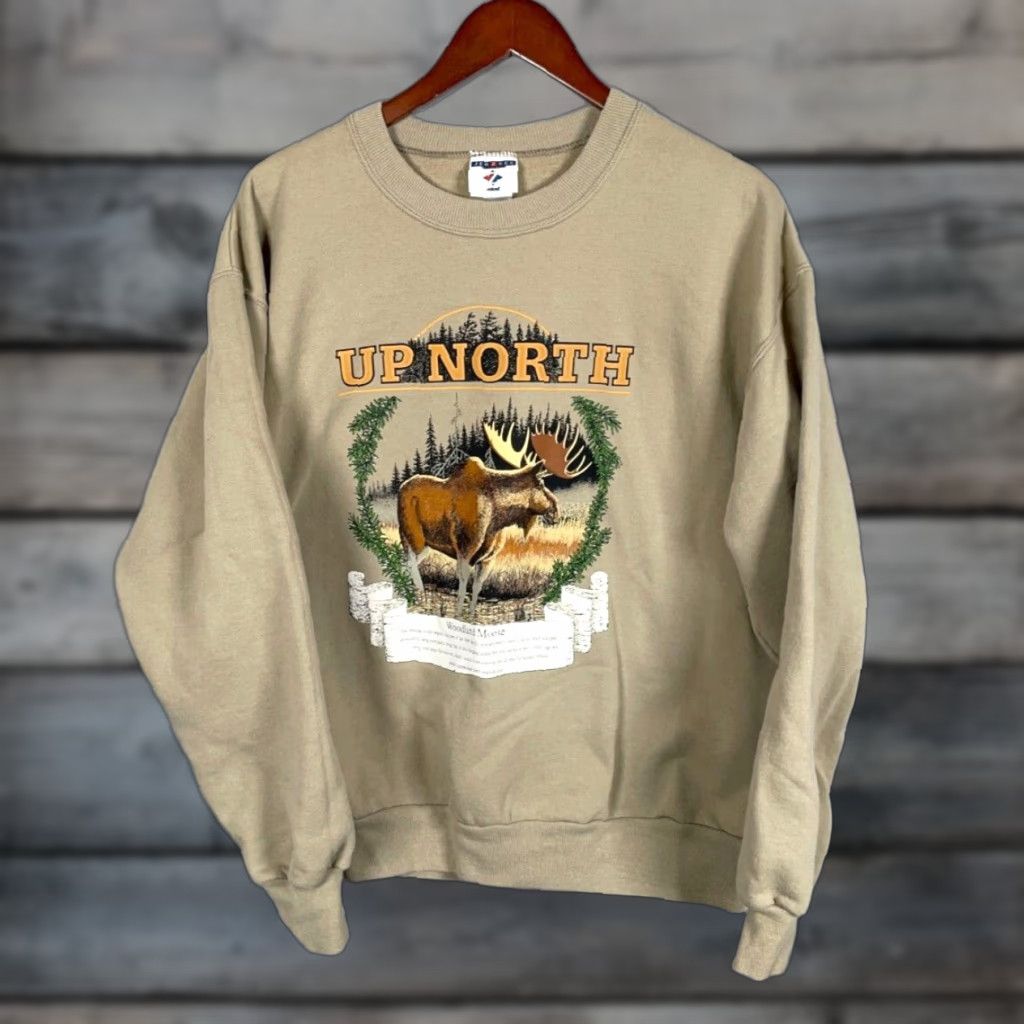 Jerzees VTG Jerzees Up North Woodland Moose Print Sweatshirt Large Beige 50/50 Tag Men's Size US L / EU 52-54 / 3 - 1 Thumbnail