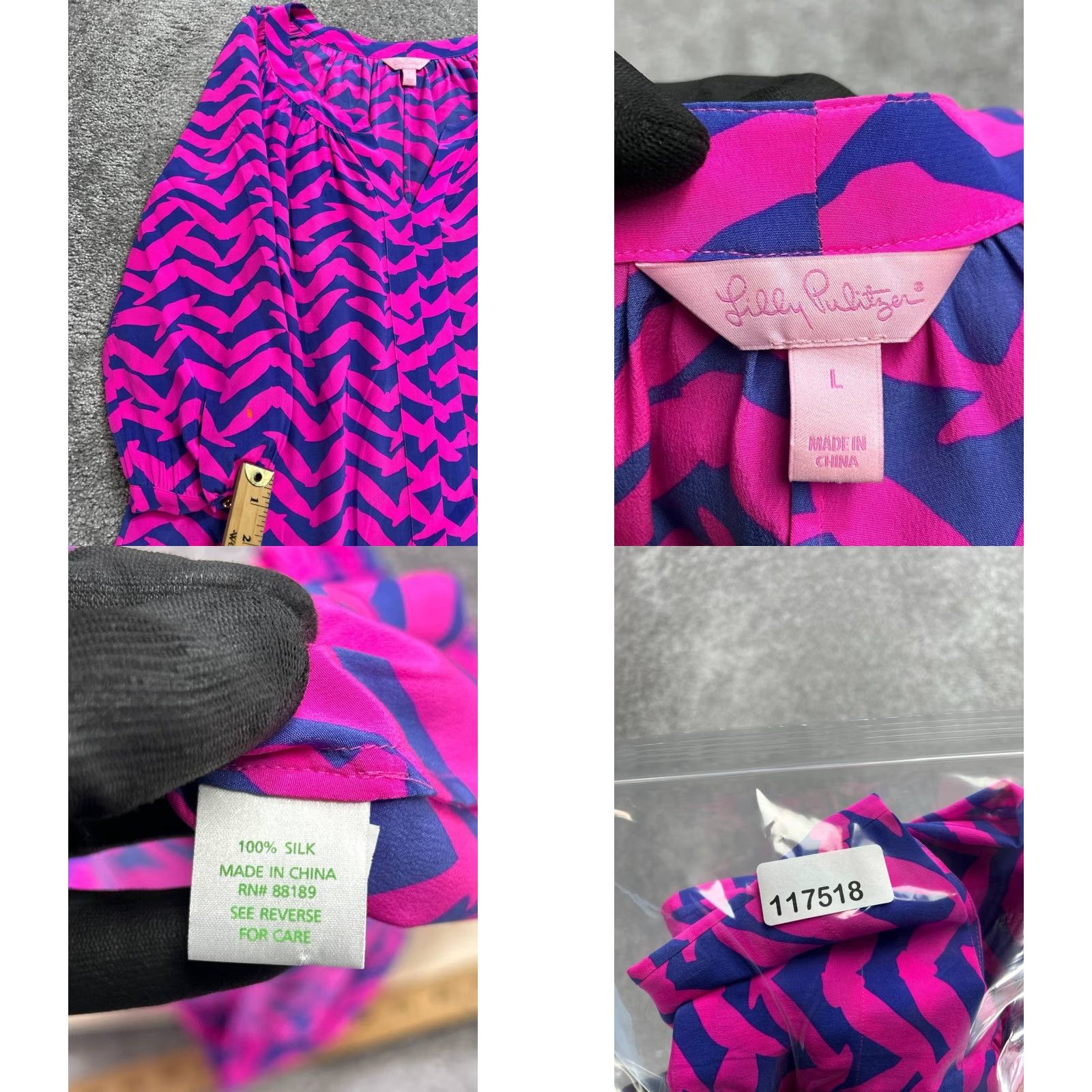 Lilly Pulitzer I Got Lucky Pop Moxy Blouse Top Womens L Pink Silk Graphic Split Neck Pullover Casual Shirt Blouse Ladies
