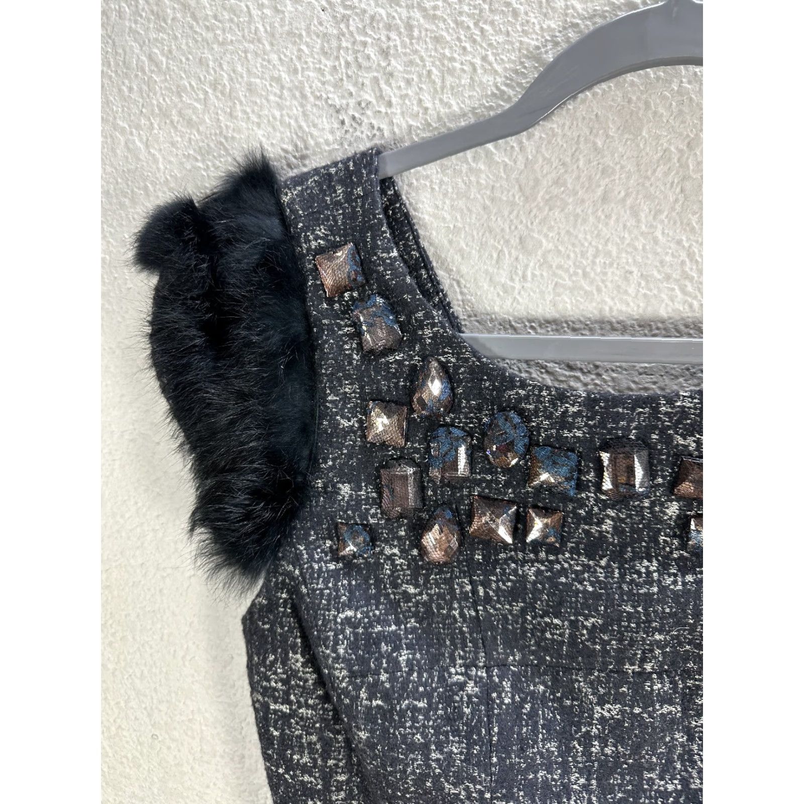 Vintage McGinn Mini Dress Wool Polyester Gray Black Fur Trim Stoned Rabbit Open Back NWT Sz 4 Party Cocktail Women US 4 Size S / US 4 / IT 40 - 4 Thumbnail