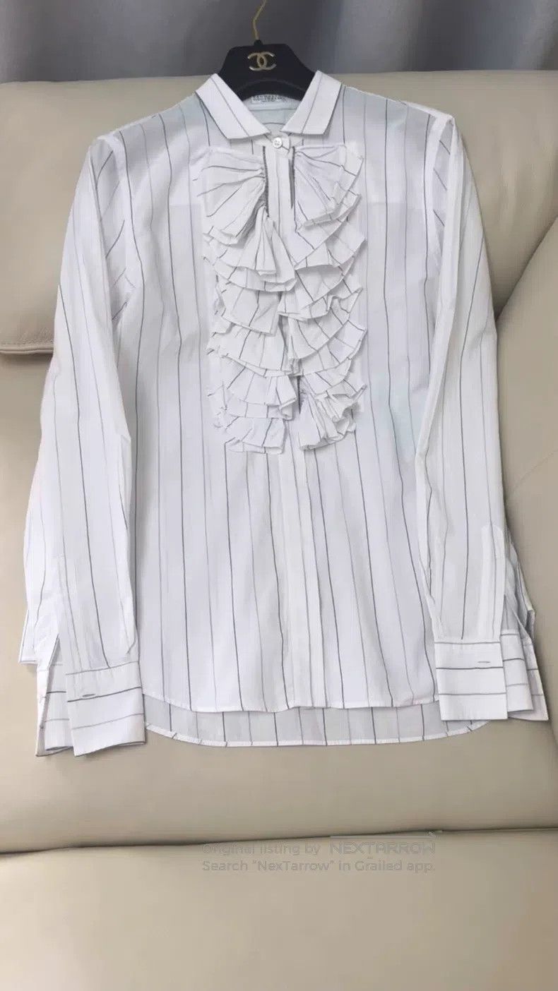 Brunello Cucinelli Brunello Cucinelli White Striped Ruffle Shirt Size M / US 6-8 / IT 42-44 - 1 Thumbnail