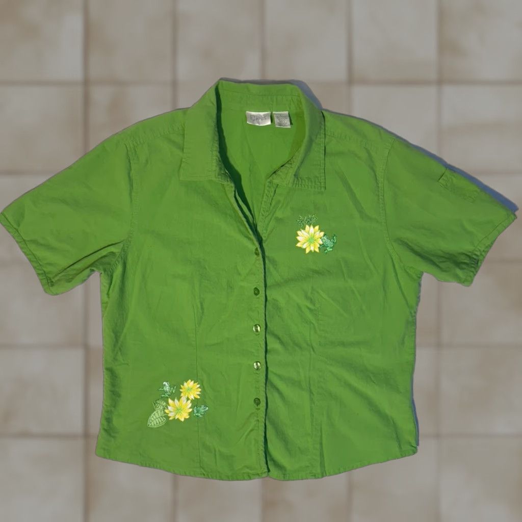Vintage ERIKA Blouse Shirt Green Yellow Flower Knit Short Sleeve Collared Button Embroidered - L Womens Regular Size L / US 10 / IT 46 - 1 Thumbnail
