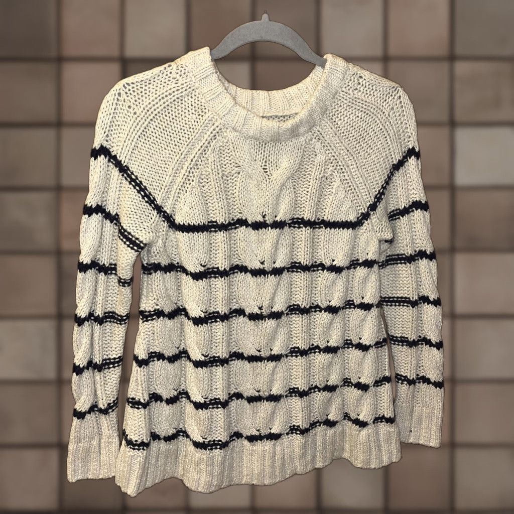 J. Jill VINTAGE J. Jill Womens Sweater Pullover Crew Neck Cable Knit Striped Ivory Blue Petite XS Nautical, Casual, Workwear Size XS / US 0-2 / IT 36-38 - 1 Thumbnail