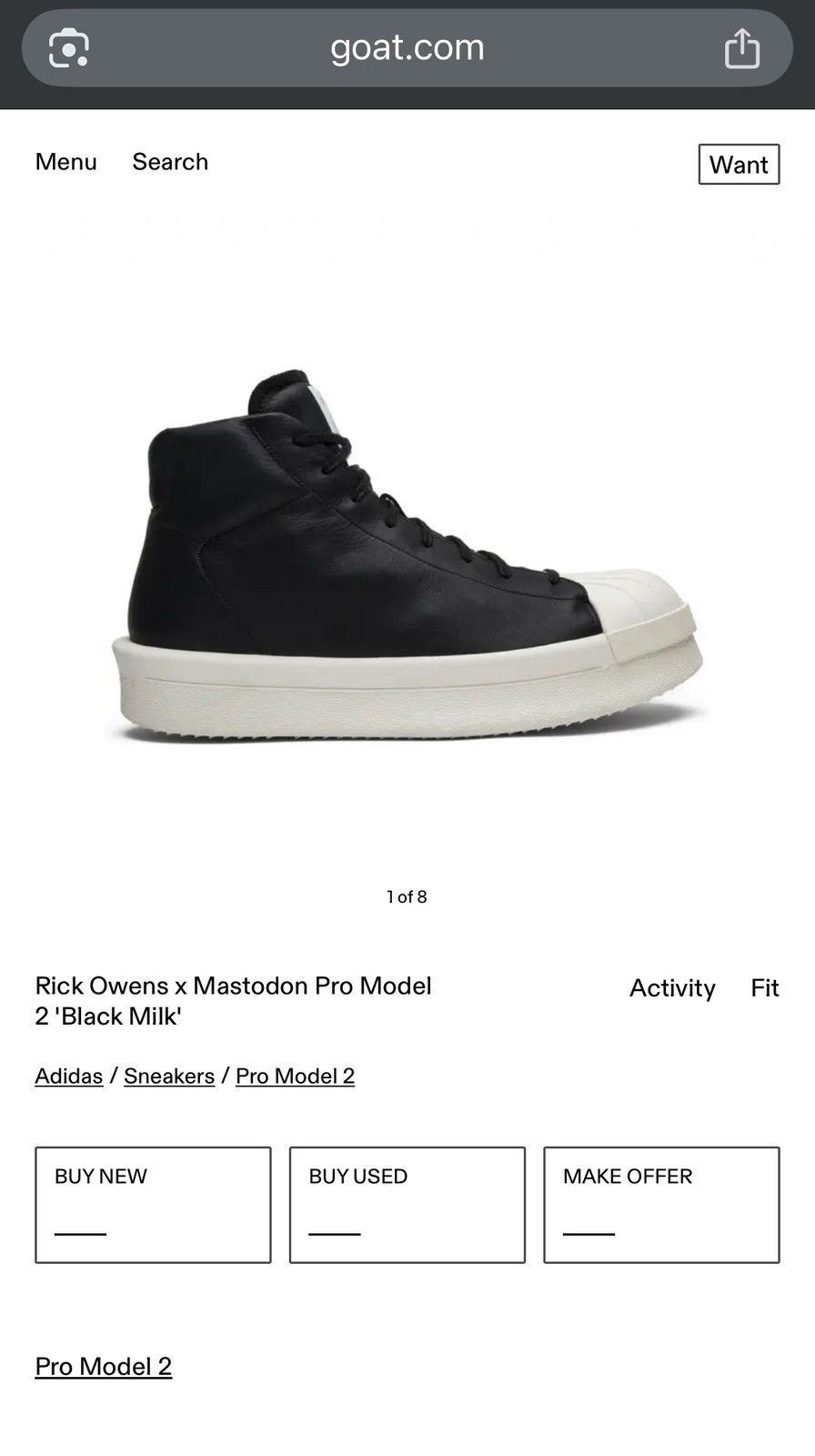 Rick Owens AW17 MASTODON PRO RICK OWENS ADIDAS BLACK MILK SNEAKERS Size US 10.5 / EU 43-44 - 2 Thumbnail