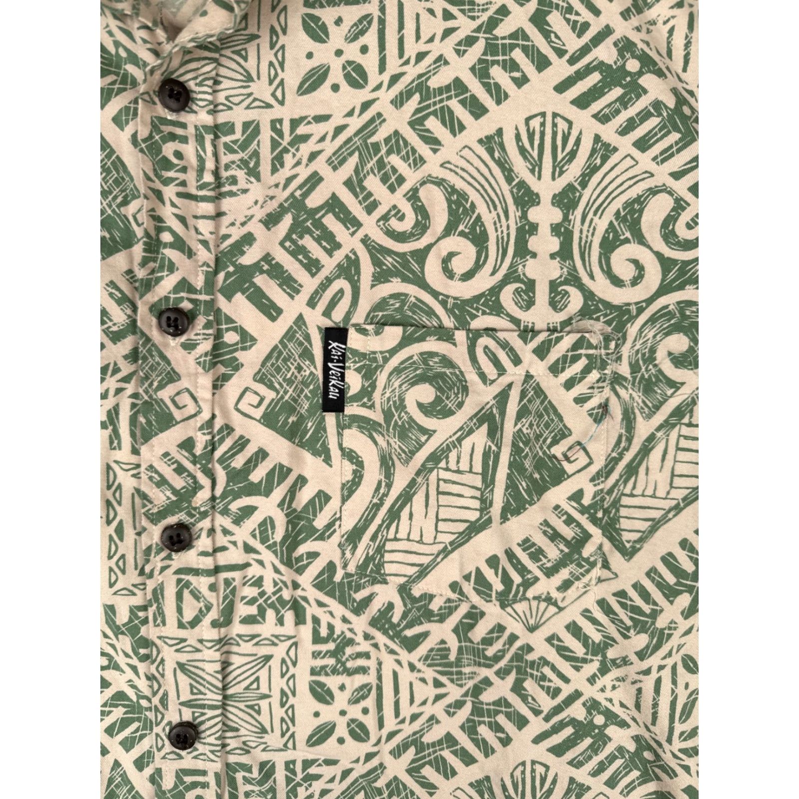 Vintage Kai Veikau Shirt Men 3XL Green Beige Floral Geometric 100% Cotton Hawaiian Size US XXL / EU 58 / 5 - 6 Thumbnail