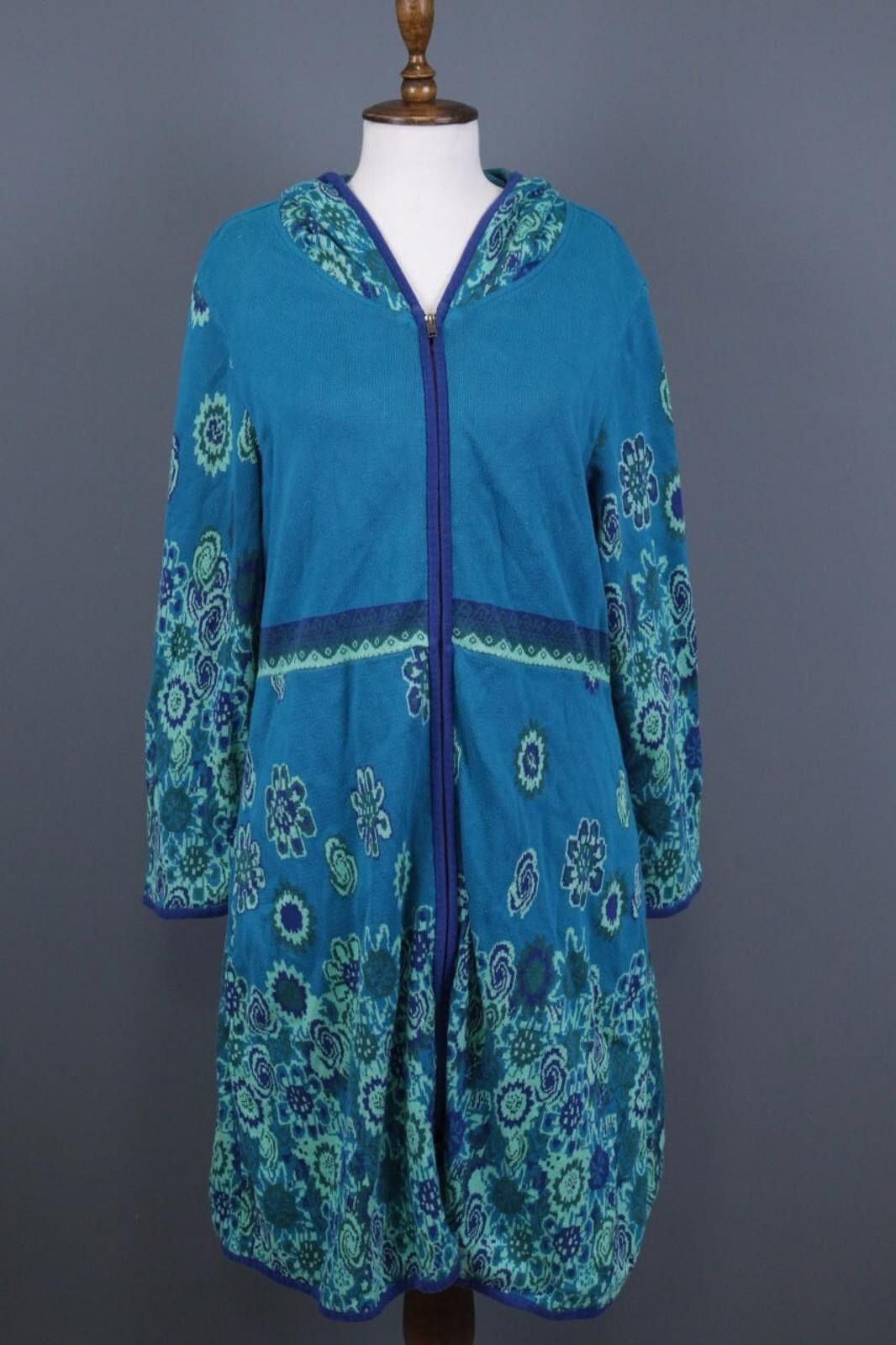 Designer Deerberg Blue Full Zip Floral Lagenlook Coat Jacket Size L Size L / US 10 / IT 46 - 1 Thumbnail