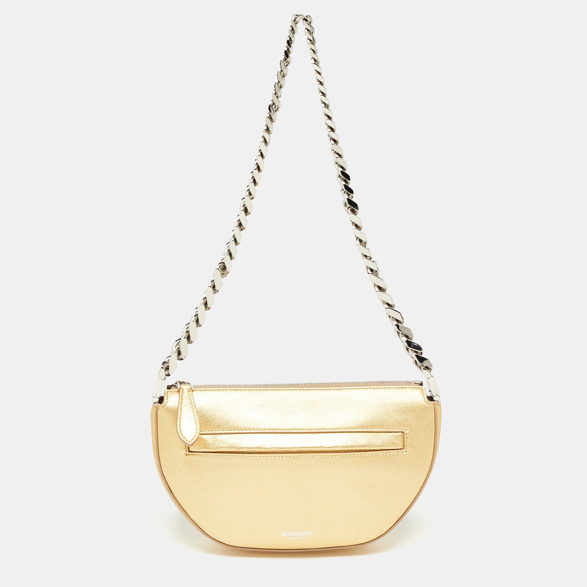 image of Burberry Gold Leather Mini Olympia Zip Chain Bag, Women's