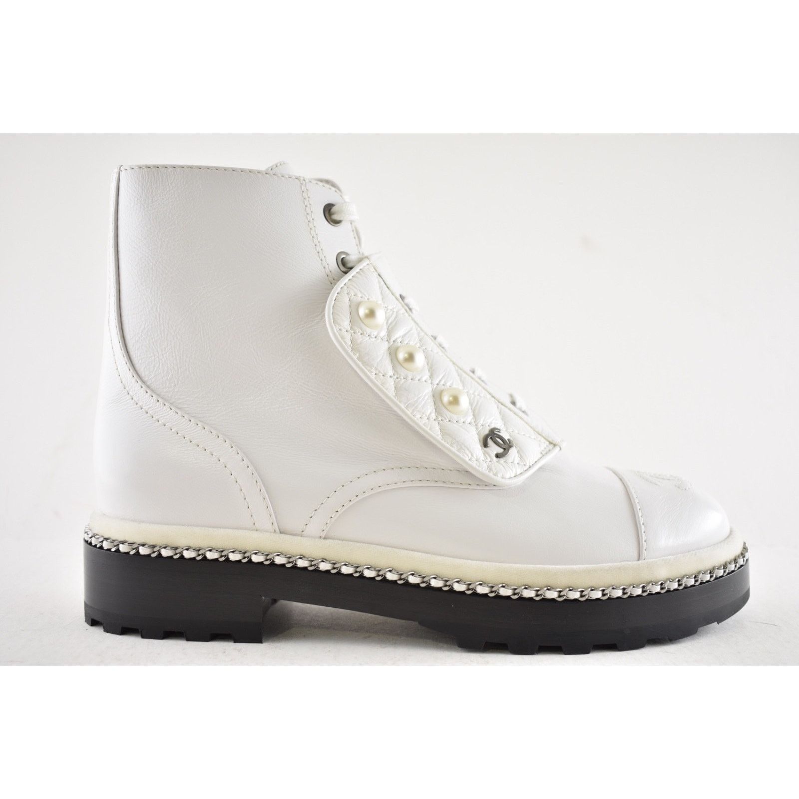 Chanel Chanel 18K White Pearl CC Chain Around Combat Lace Up Size US 7 / IT 37 - 2 Thumbnail