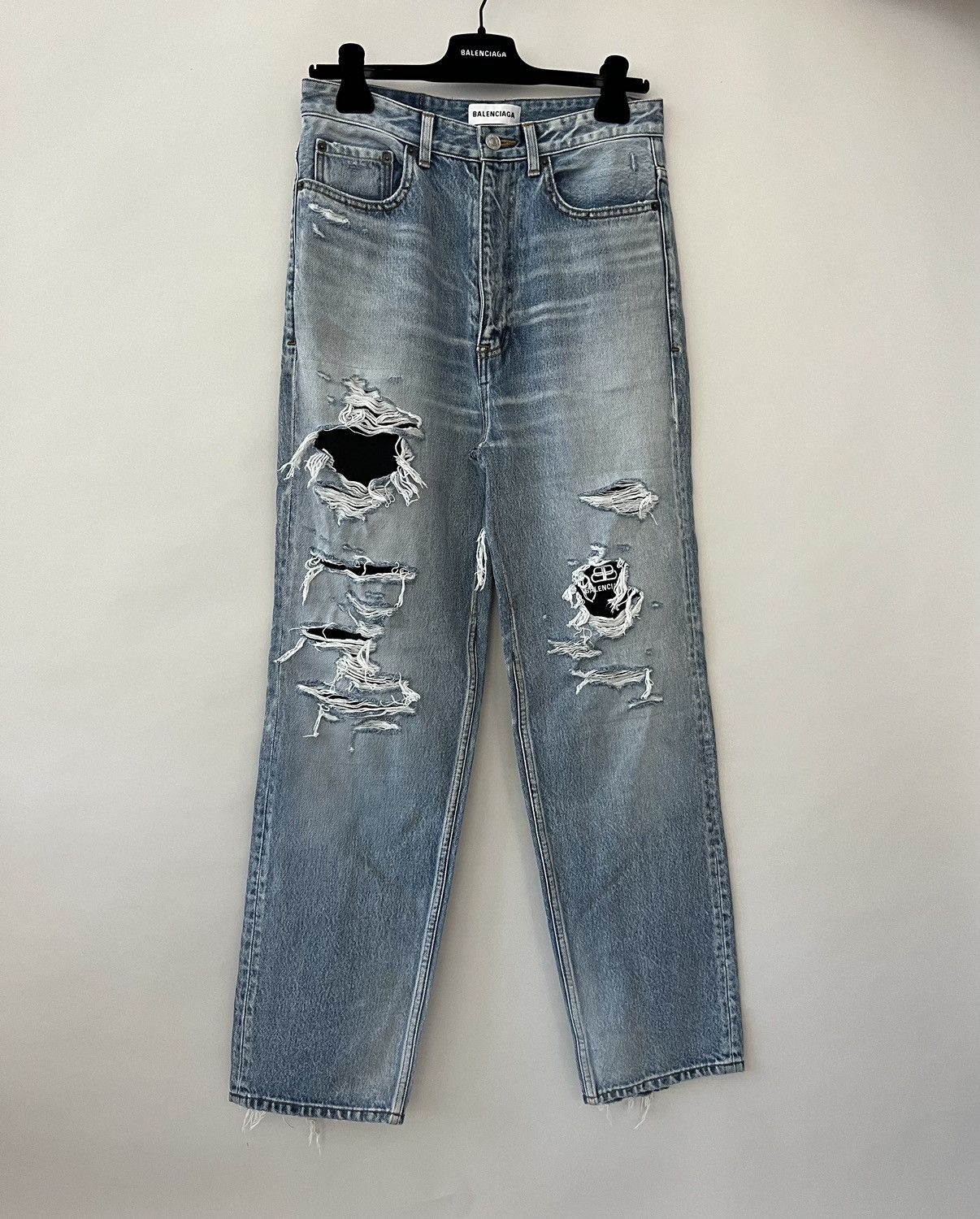 image of Balenciaga Distressed Ripped Logo Lined Jeans in Blue, Women's (Size 26)