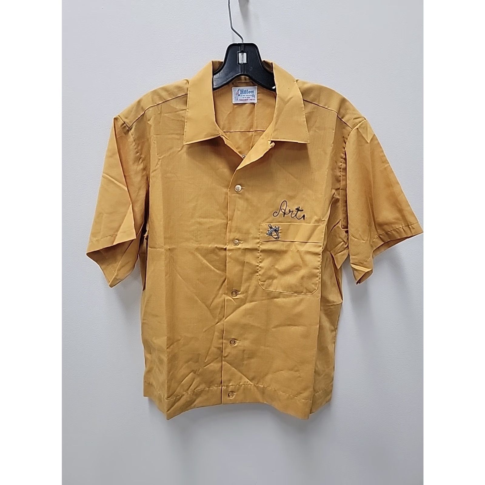 Vintage VINTAGE Hilton Button Front Shirt Mens M 1960s Yellow Cotton Blend Short Sleeve Art Deco 60s Fashion Distressed Size ONE SIZE - 2 Thumbnail