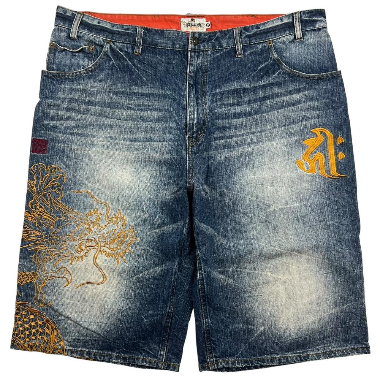 Karakuri Tamashii Karakuri Tamashii Embroidered Dragon Denim Shorts - Waist 43 Size US 43 - 1 Thumbnail