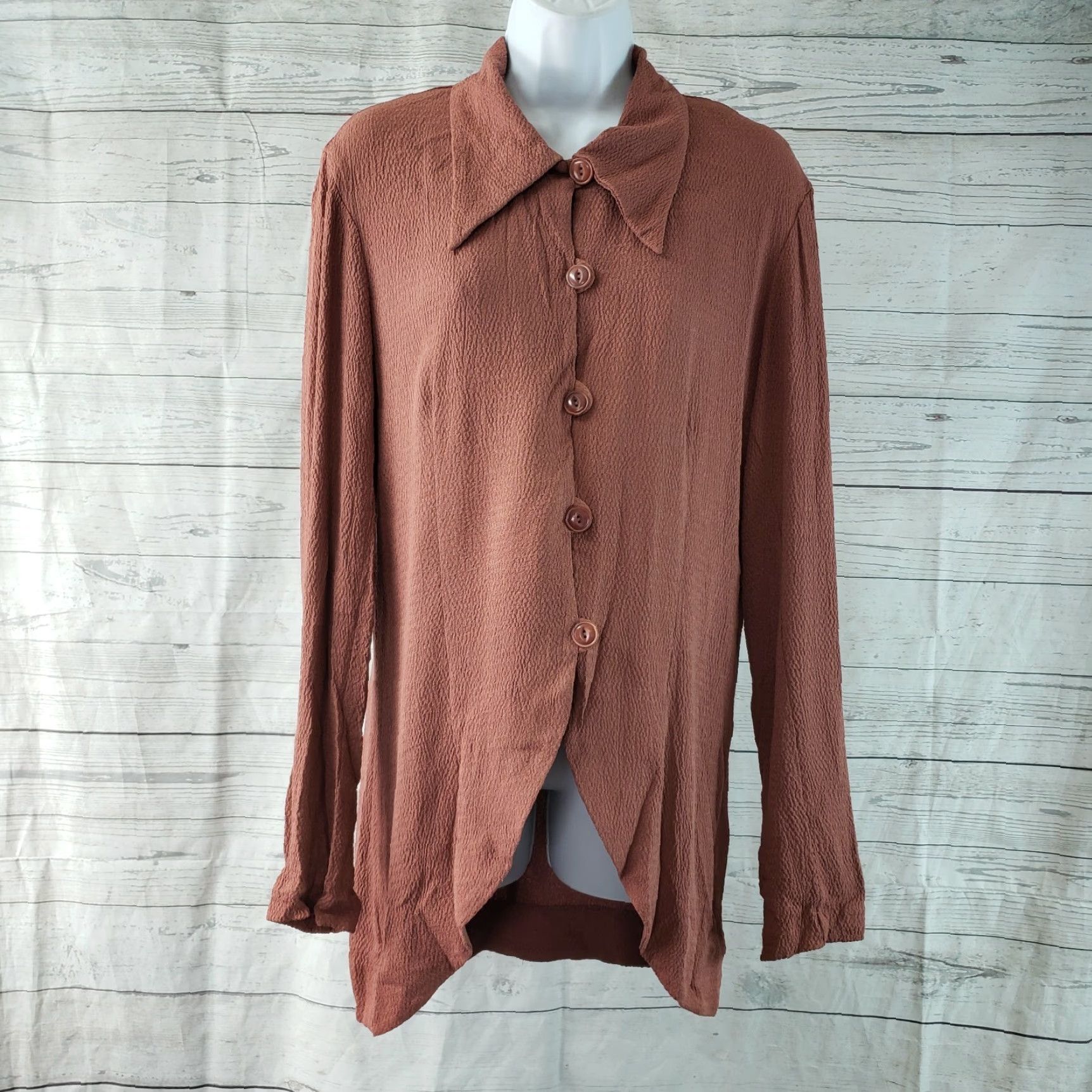 Vintage Terry Ward Womens Button Front Top Large Reddish Brown Long Sleeve Crepe Shirt Women Top Button-Up Size L / US 10 / IT 46 - 2 Thumbnail