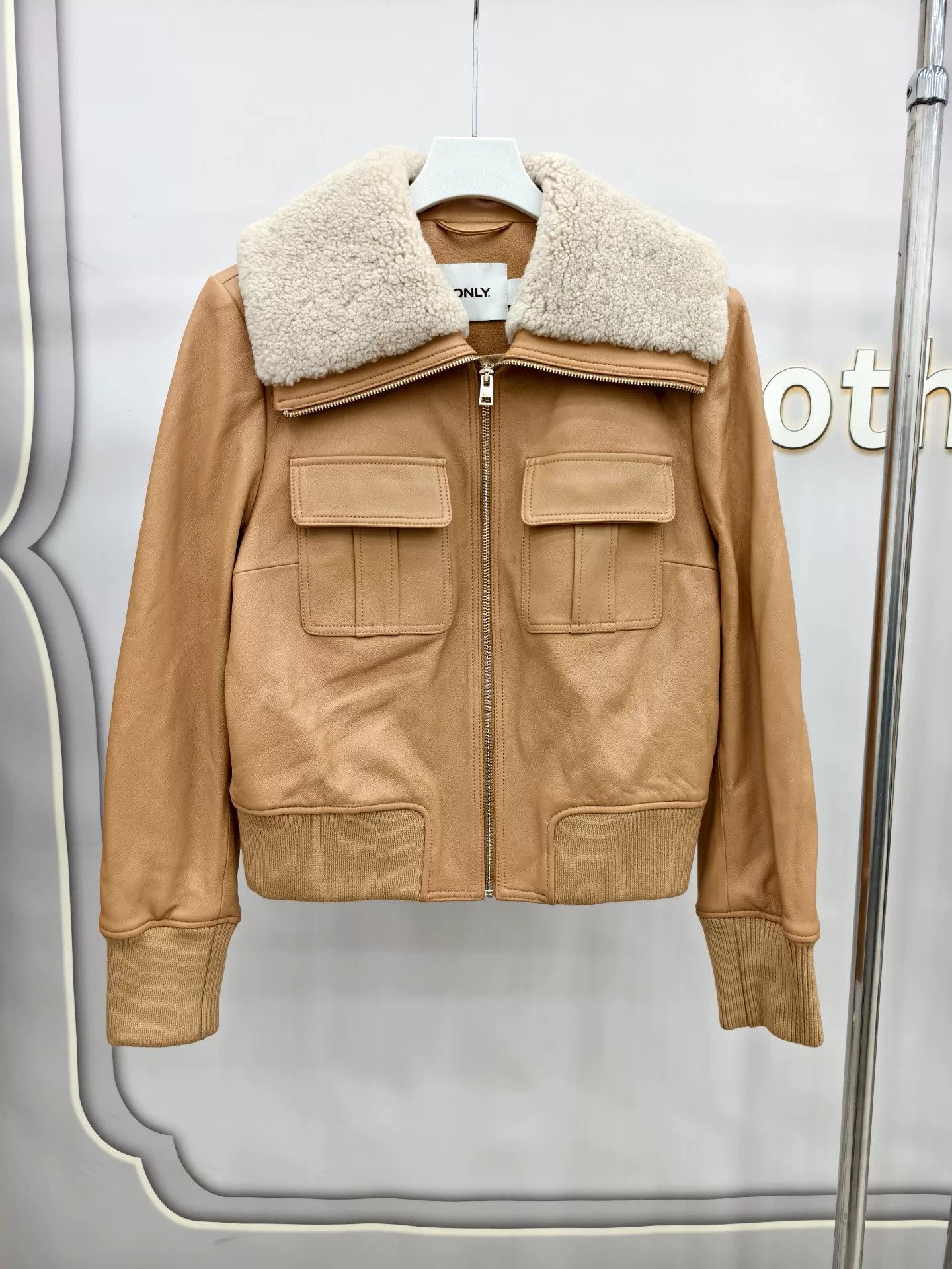 ONLY & SONS ONLY Beige Sheepskin Leather Jacket Size L / US 10 / IT 46 - 1 Thumbnail