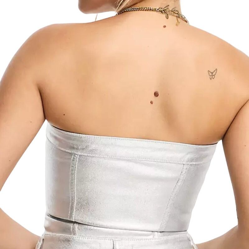 Pull & Bear Pull&Bear Metallic Denim Corset Top in Silver, Size S Size S / US 4 / IT 40 - 2 Thumbnail